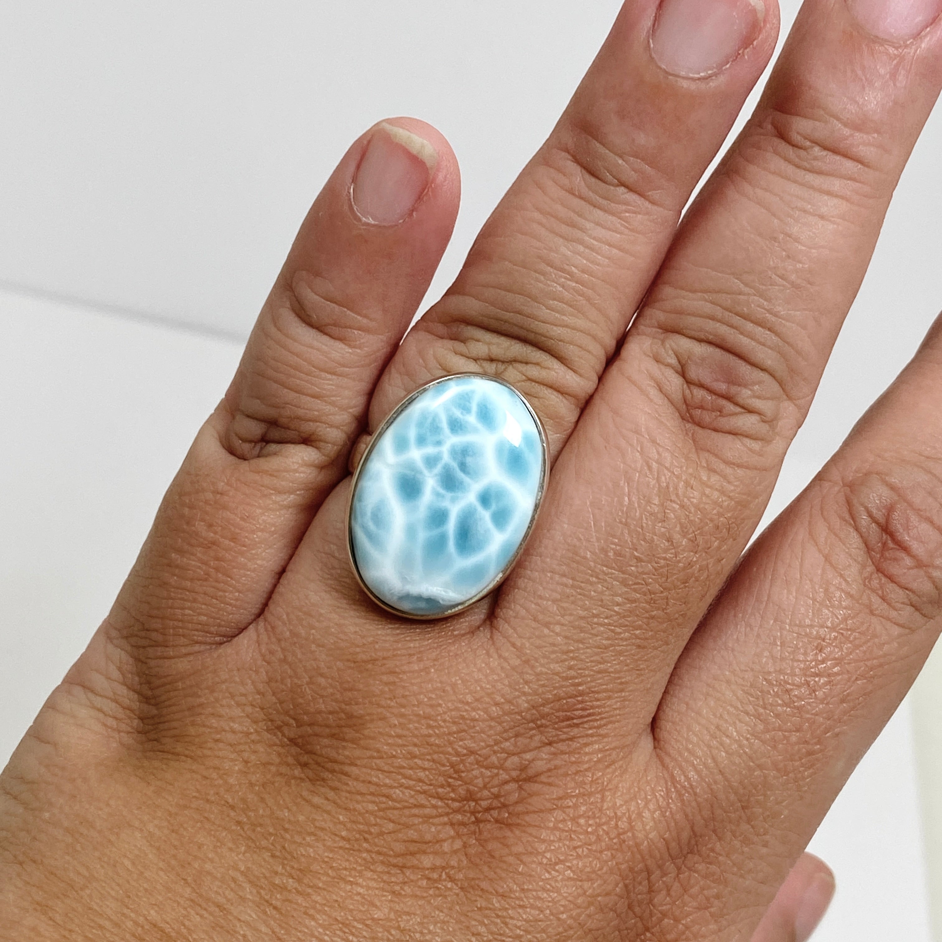 Larimar Oval Cabochon Ring Size 10.5 - Genuine Blue Stone Silver Jewelry for Women - Perfect for Beach Vacation & Boho Fashion