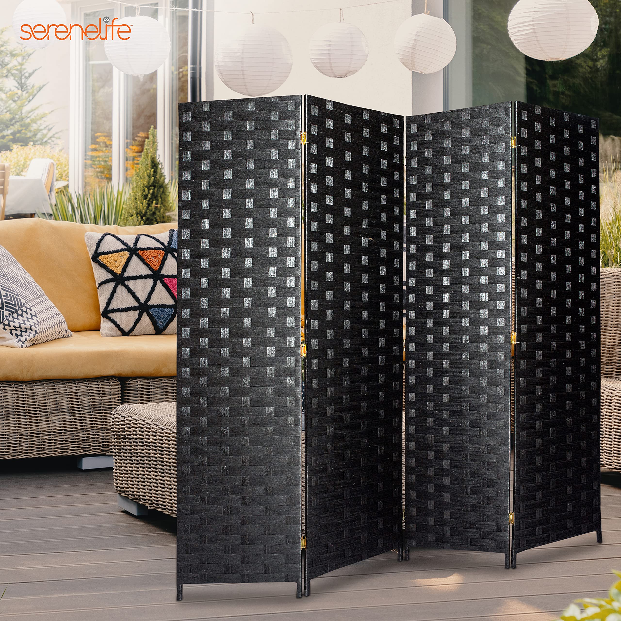 SereneLife 4-Panel Woven Fiber Room Divider - Portable Lightweight Freestanding Foldable Privacy Screen for Indoor Use | Perfect for Home Office, Dressing Area, Porch & Room Partition