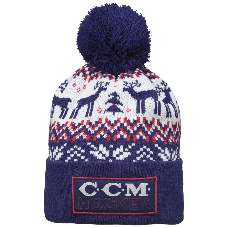 CCM Holiday Pom Knit Beanie - Blue & Red Winter Hat for Men & Women - Perfect for Christmas, Skiing & Outdoor Activities