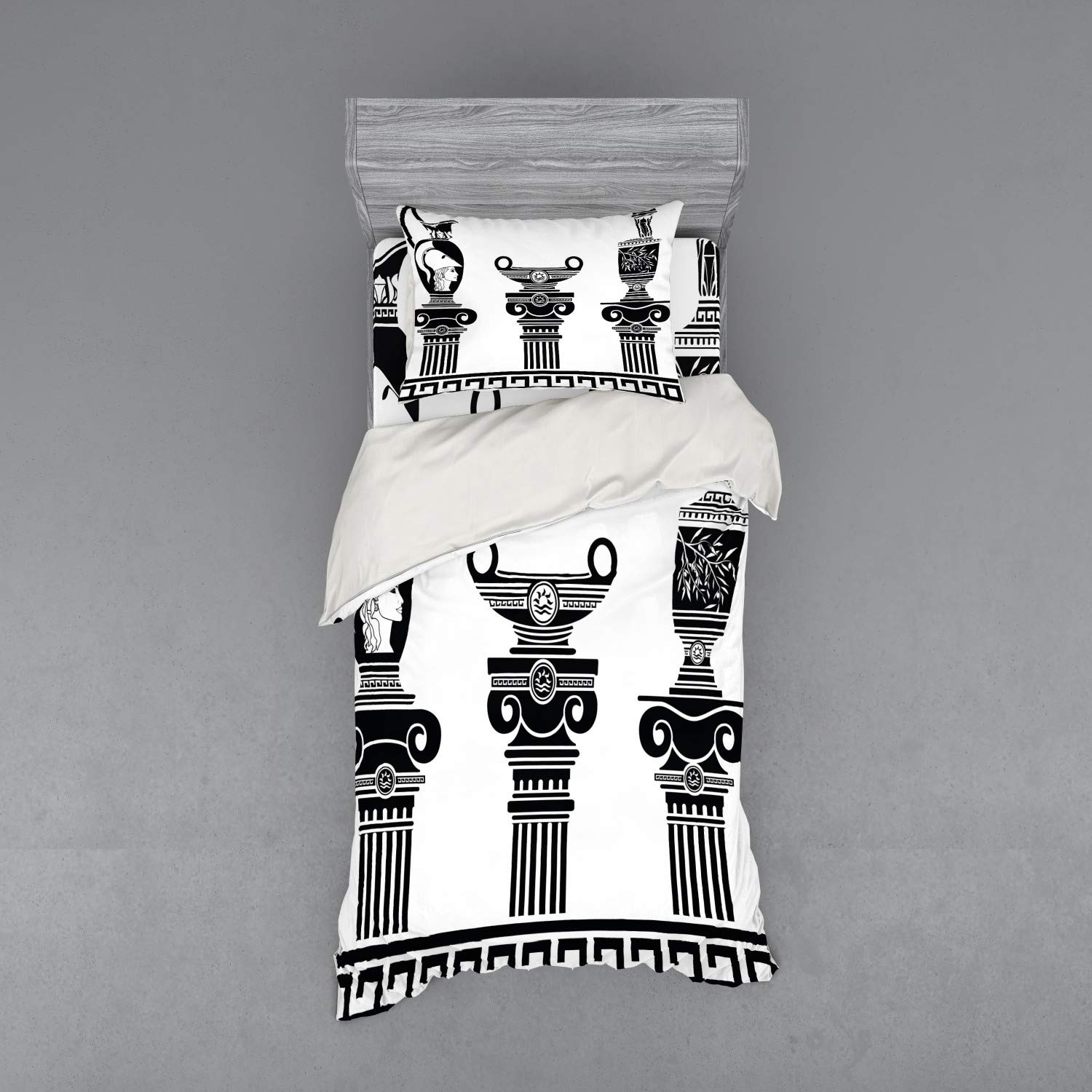 Ambesonne Retro Duvet Cover Set - Hellenic Vases & Ionic Columns Design, 3-Piece Bedding Set with Pillow Sham & Fitted Sheet, Twin Size, Black & White - Perfect for Greek-Themed Bedrooms, College Dorms & Vintage Home Decor