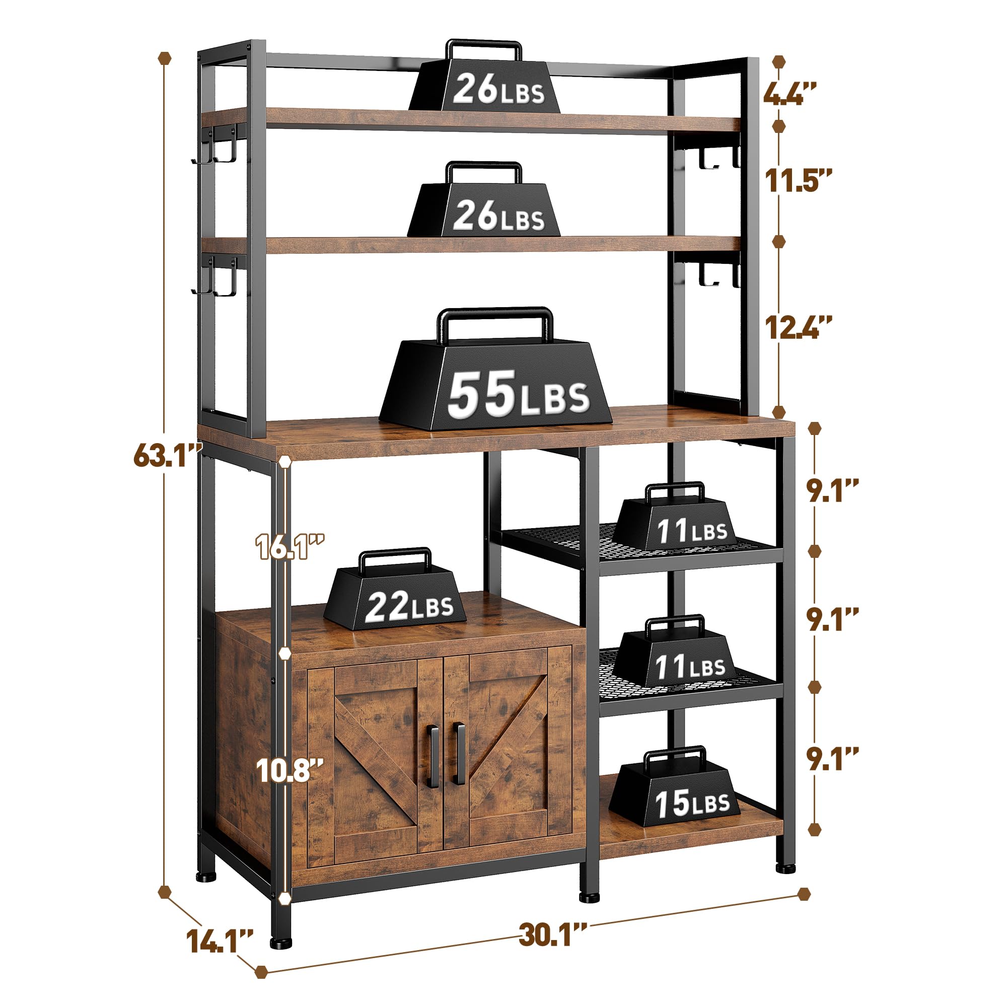 EnHomee Bakers Rack with Storage Cabinet - 6 Tier Kitchen Organizer with 8 Side Hooks, Large Capacity Microwave Stand for Coffee Bar & Kitchen Storage - Perfect for Small Spaces, Apartments & Home Organization