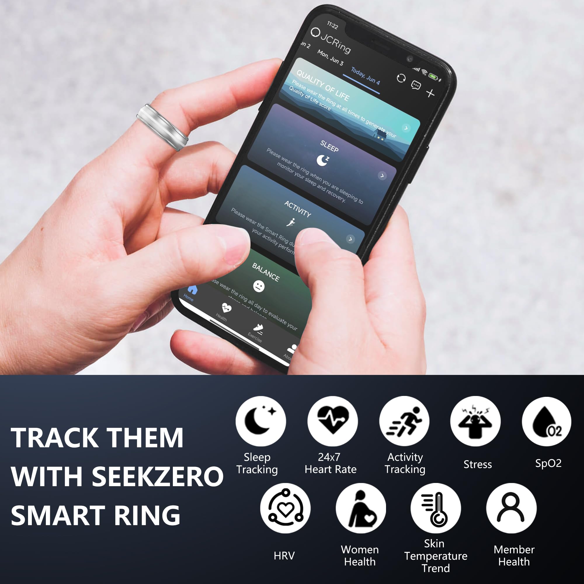 Smart Fitness Ring for Women & Men - Waterproof Activity Tracker with Heart Rate Monitor, Sleep & Step Counter | iOS & Android Compatible Health Ring | No Subscription Needed | Perfect for Workouts, Sleep Tracking & Daily Activity Monitoring (Silver, Size 8)