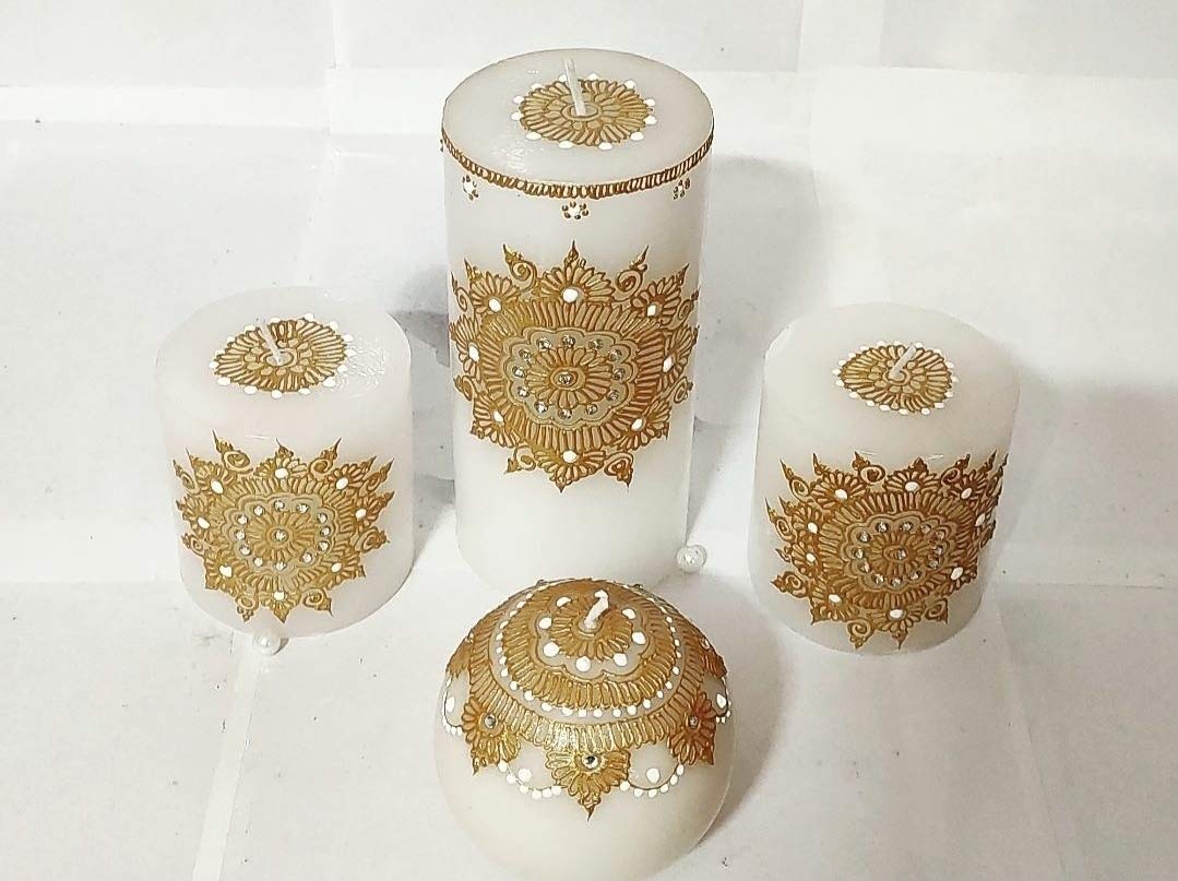 Handcrafted MAHENDI Design Pillar Candles Set of 4 - 3