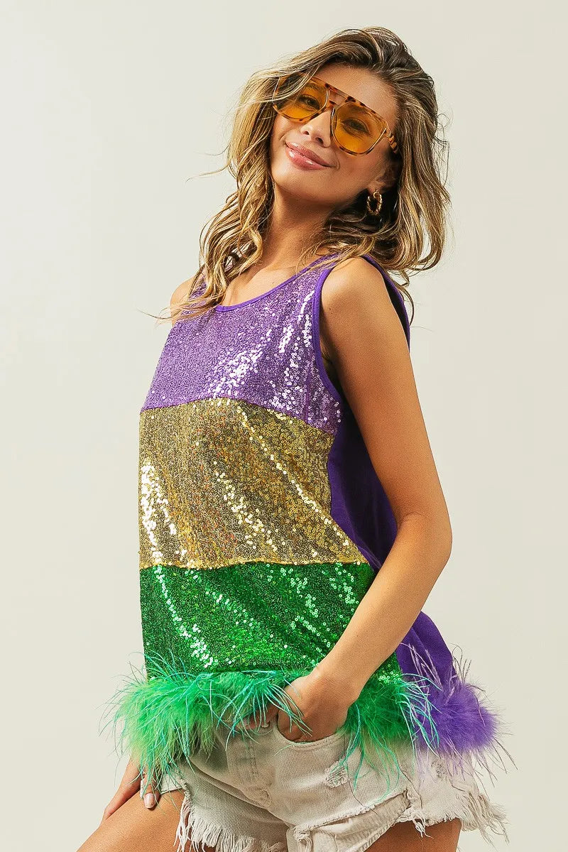BiBi Mardi Gras Color Block Faux Feather Hem Sequin Top | Glam Party Blouse for Carnival, Costume Party & Night Out