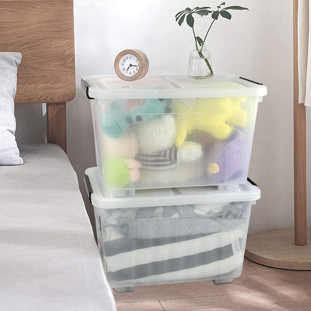 35 Quart Plastic Storage Bin with Wheels - 4 Pack Latching Storage Boxes for Home Organization, Garage, Closet & Moving Supplies - Durable Stackable Containers for Easy Storage & Transport