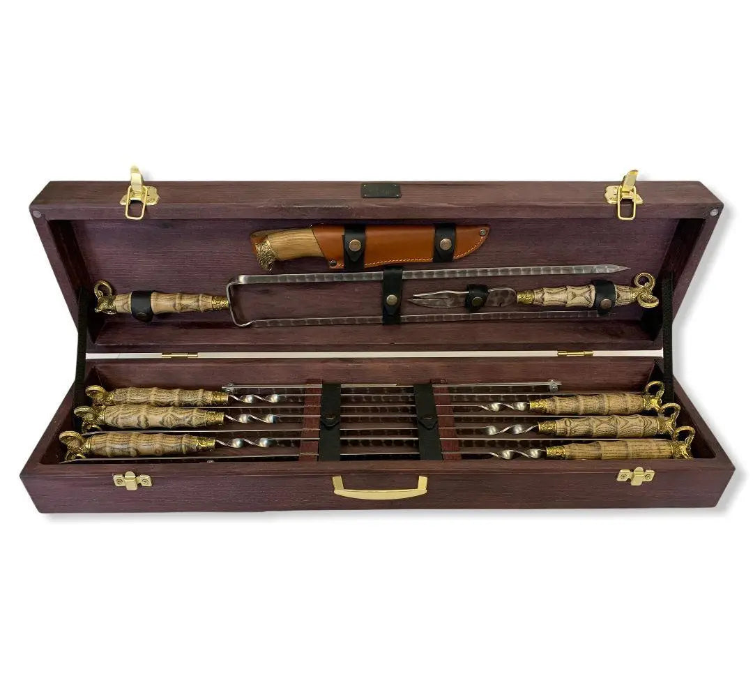 Premium Argali BBQ Skewers Set - 11-Piece Stainless Steel Grilling Accessories in Elegant Wooden Case | Perfect for Backyard Barbecues, Camping & Outdoor Cooking