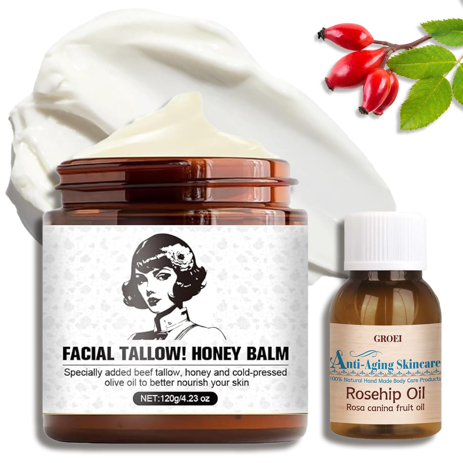Organic Grass-Fed Beef Tallow with Rosehip Oil - Natural Moisturizer for Face & Body | Hydrating Skin Care Cream & Lotion Set | Perfect for Dry Skin, Eczema & Anti-Aging Routine
