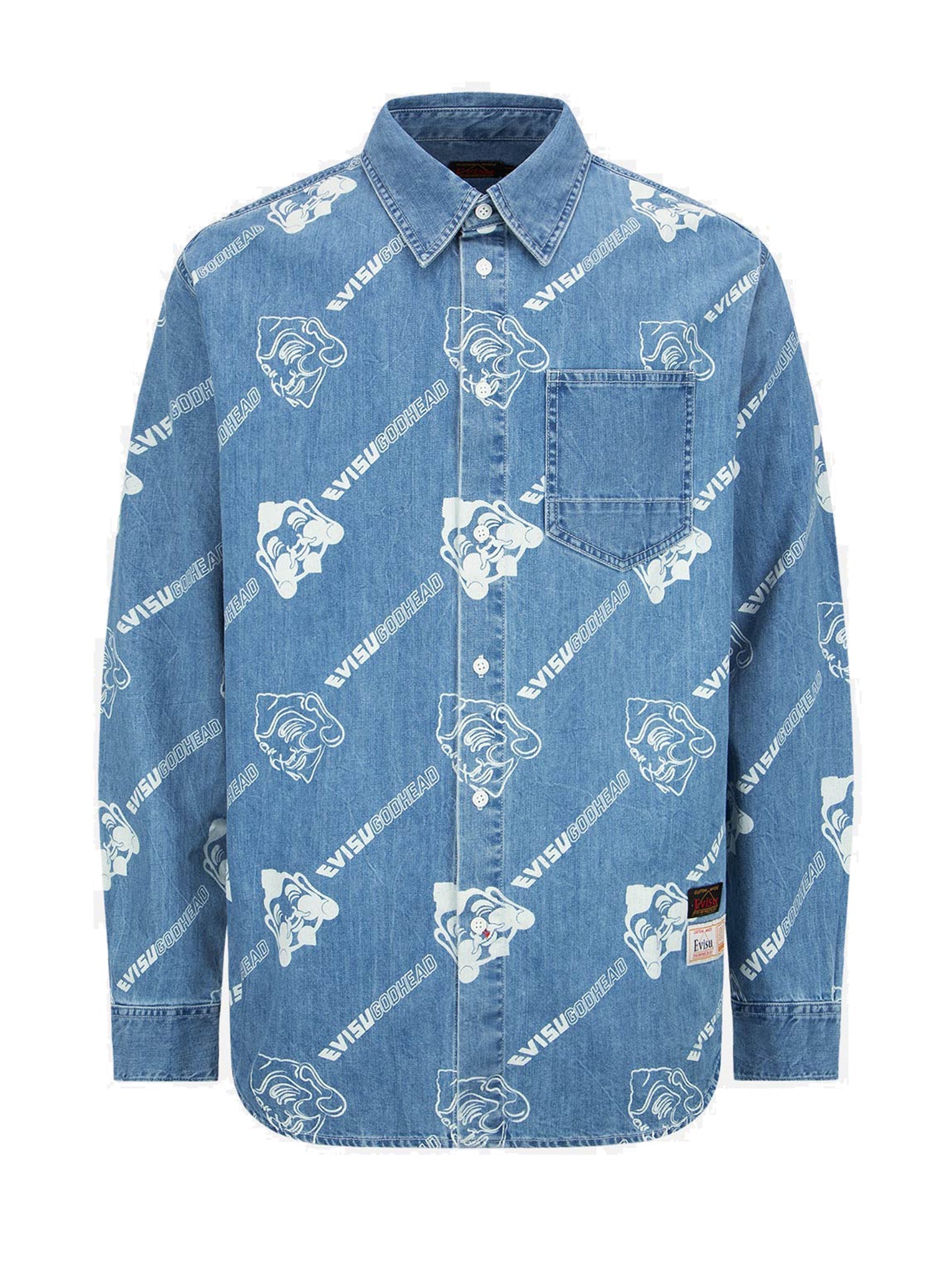Trendy Allover Godhead & Logo Print Denim Shirt for Men - Vintage Washed Distressed Denim Top for Casual Wear, Street Style & Music Festivals