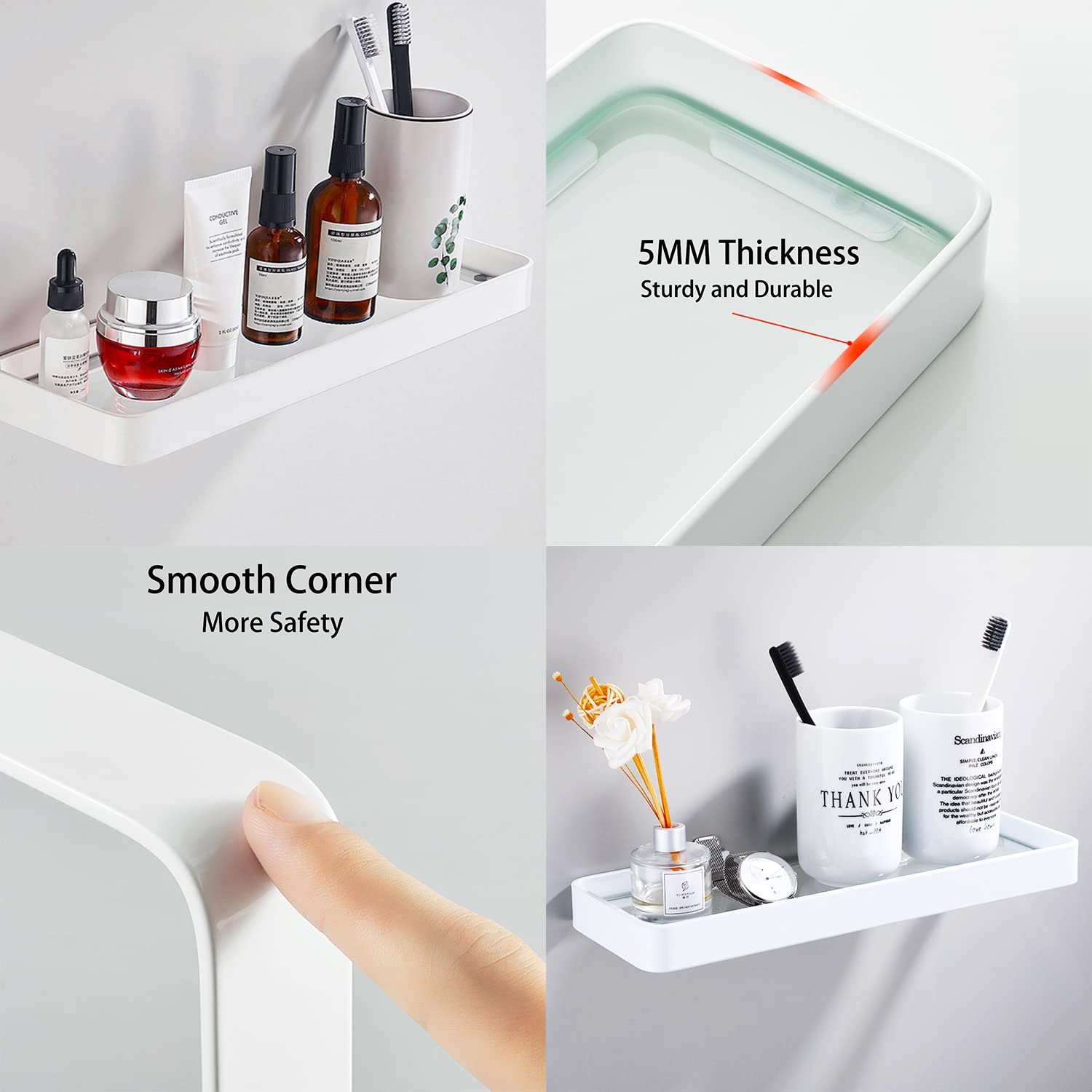15.7in White Tempered Glass Bathroom Shelves with Towel Bar - 2 Tier Wall Mounted Storage Organizer for Towels, Toiletries & Bath Essentials - Perfect for Small Bathrooms, Showers & Vanity Areas