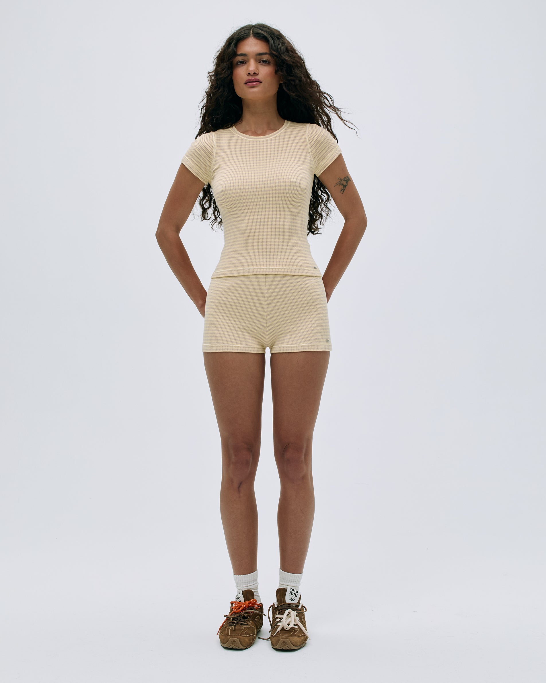 Women's Rib Knit Stripe Short Sleeve T-Shirt - Butter Yellow | Casual Summer Top for Outfits, Beach & Everyday Wear