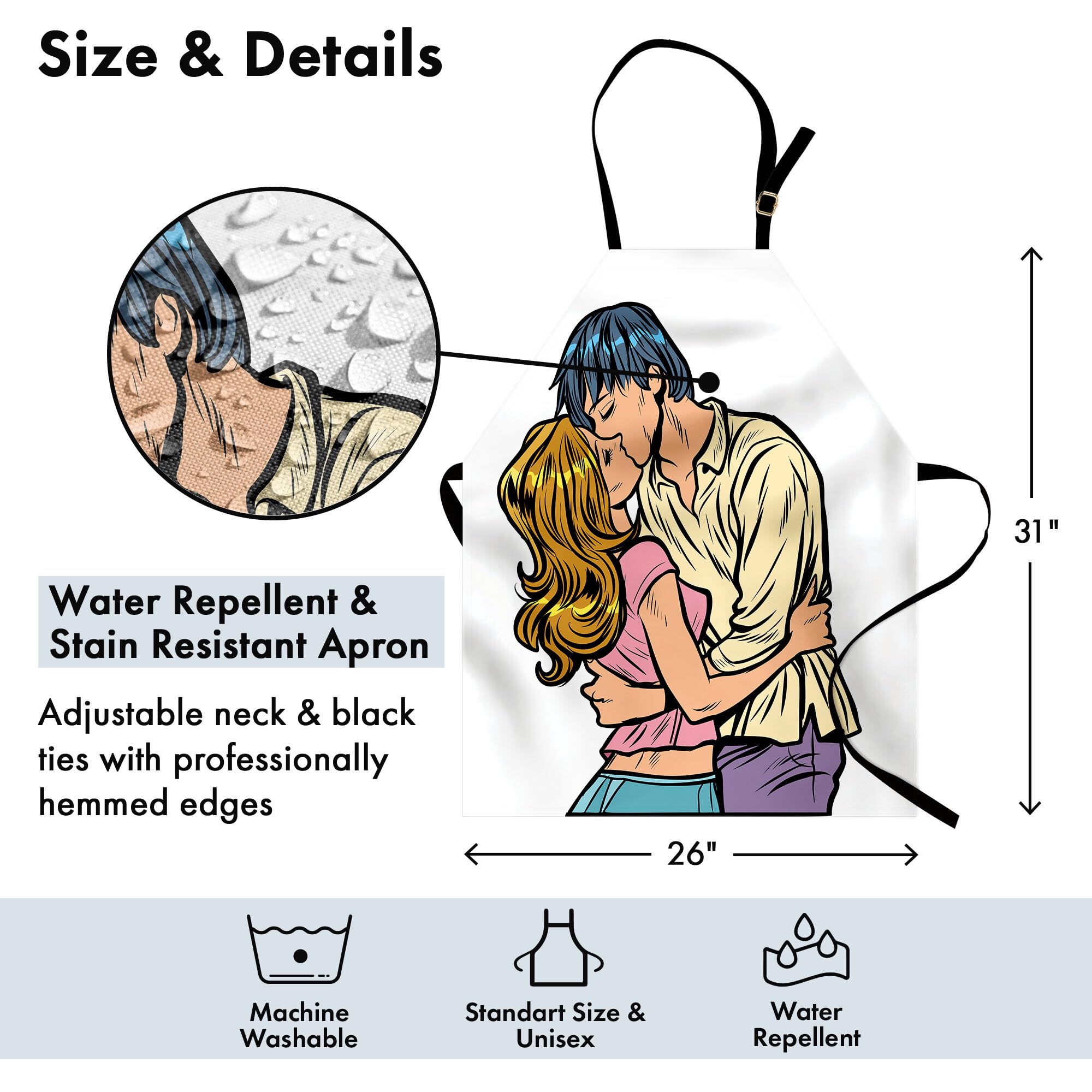 Ambesonne Kissing Apron - Valentine's Day Themed Unisex Kitchen Apron with Adjustable Neck, Comic Book Style Couple Illustration - Perfect for Cooking, Baking, Gardening & Romantic Date Nights at Home
