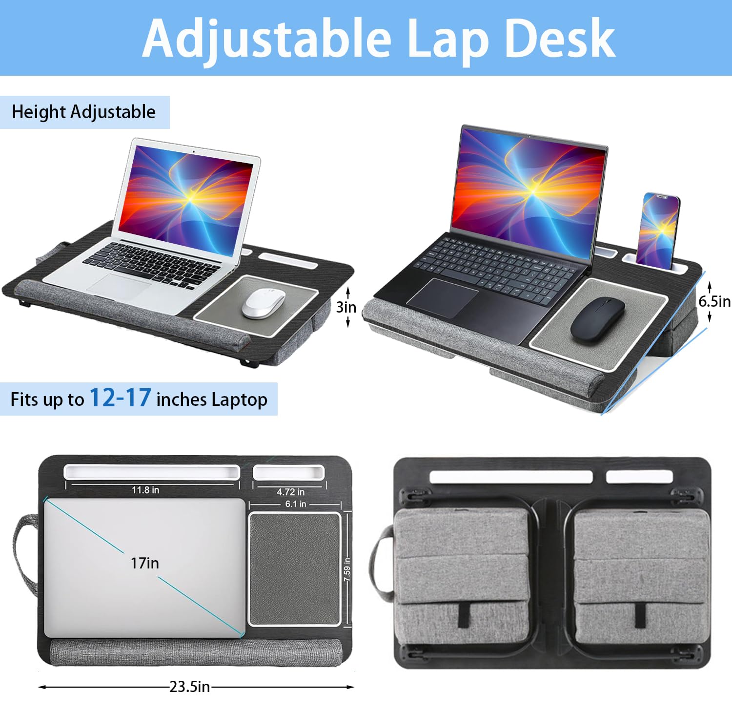Ergonomic Lap Desk for Laptop with Memory Foam Cushion - Adjustable Portable Laptop Tray for Bed, Couch & Office Use - Fits 15-17 Inch Laptops - Foldable Design with Tablet Slot, Phone Holder, Mouse Pad & Wrist Support - Perfect for Remote Work, Gaming & Home Study
