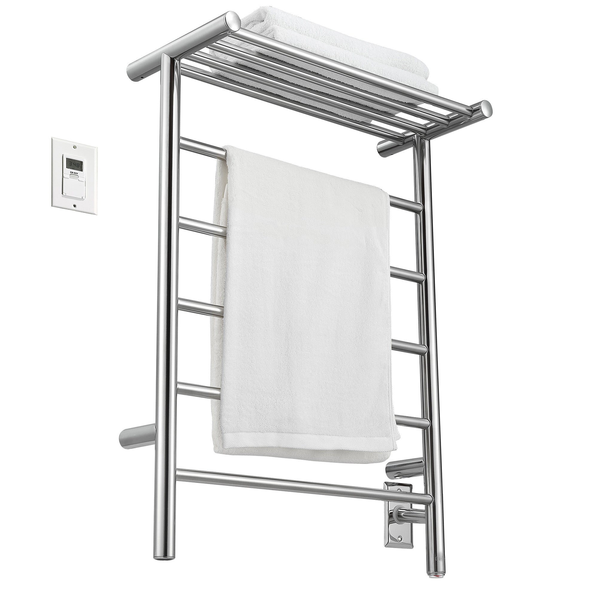 Miazzo 5-Bar Electric Wall Mount Towel Warmer with Shelf - Plug In or Hardwire Installation, Polished Stainless Steel, Digital Timer - Perfect for Bathrooms, Spas & Luxury Home Heating