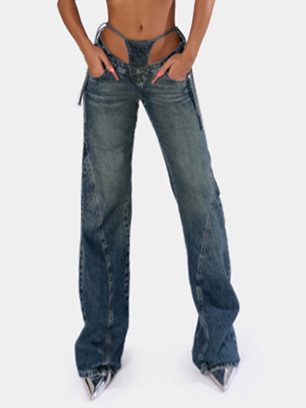 ZASUWA Women's Sexy Cutout V-Shape Waist Flare Denim Jeans - High Waisted Stretchy Bootcut Pants for Night Out & Casual Wear