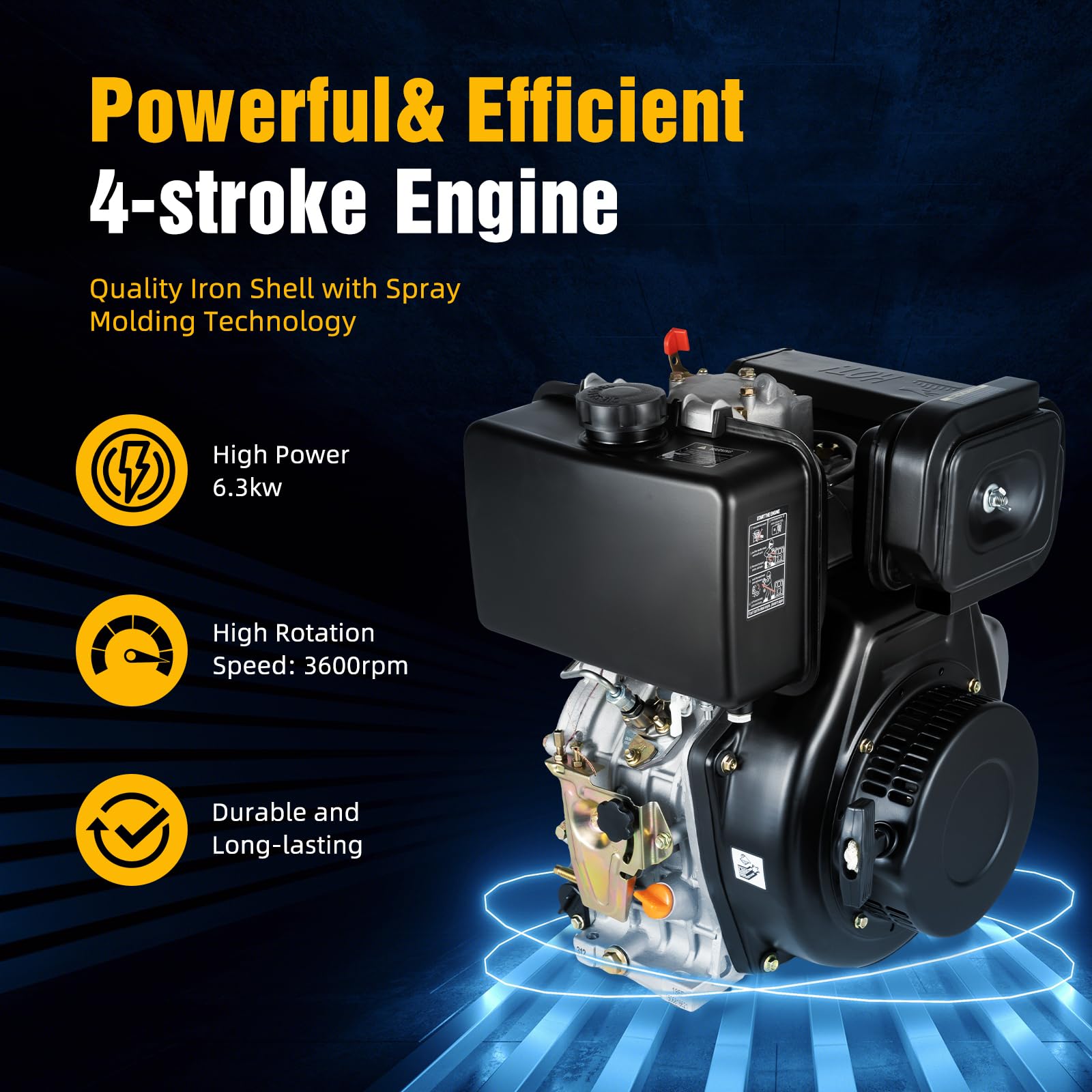 4-Stroke 10HP Diesel Engine, 6.3KW Single Cylinder Recoil Start Motor for Micro-Tillers, Tractors, Irrigation Pumps & Generators - Ideal for Farming, Landscaping & Power Backup Solutions