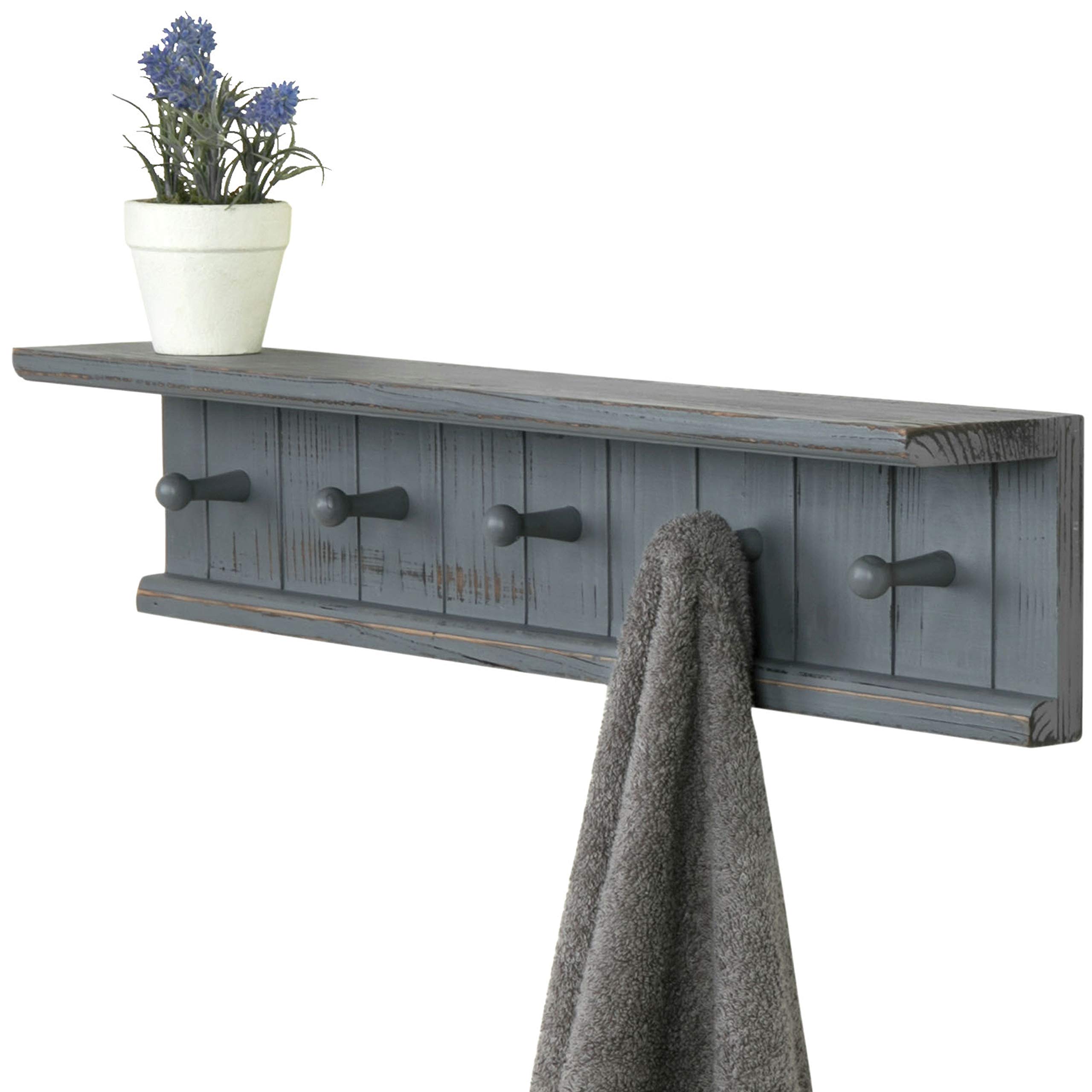 MyGift Wall Mounted Gray Wood Bathroom Shelf Organizer - 5-Hook Towel Rack for Bathroom Storage & Organization | Perfect for Small Spaces, Apartments, and Modern Bathroom Decor