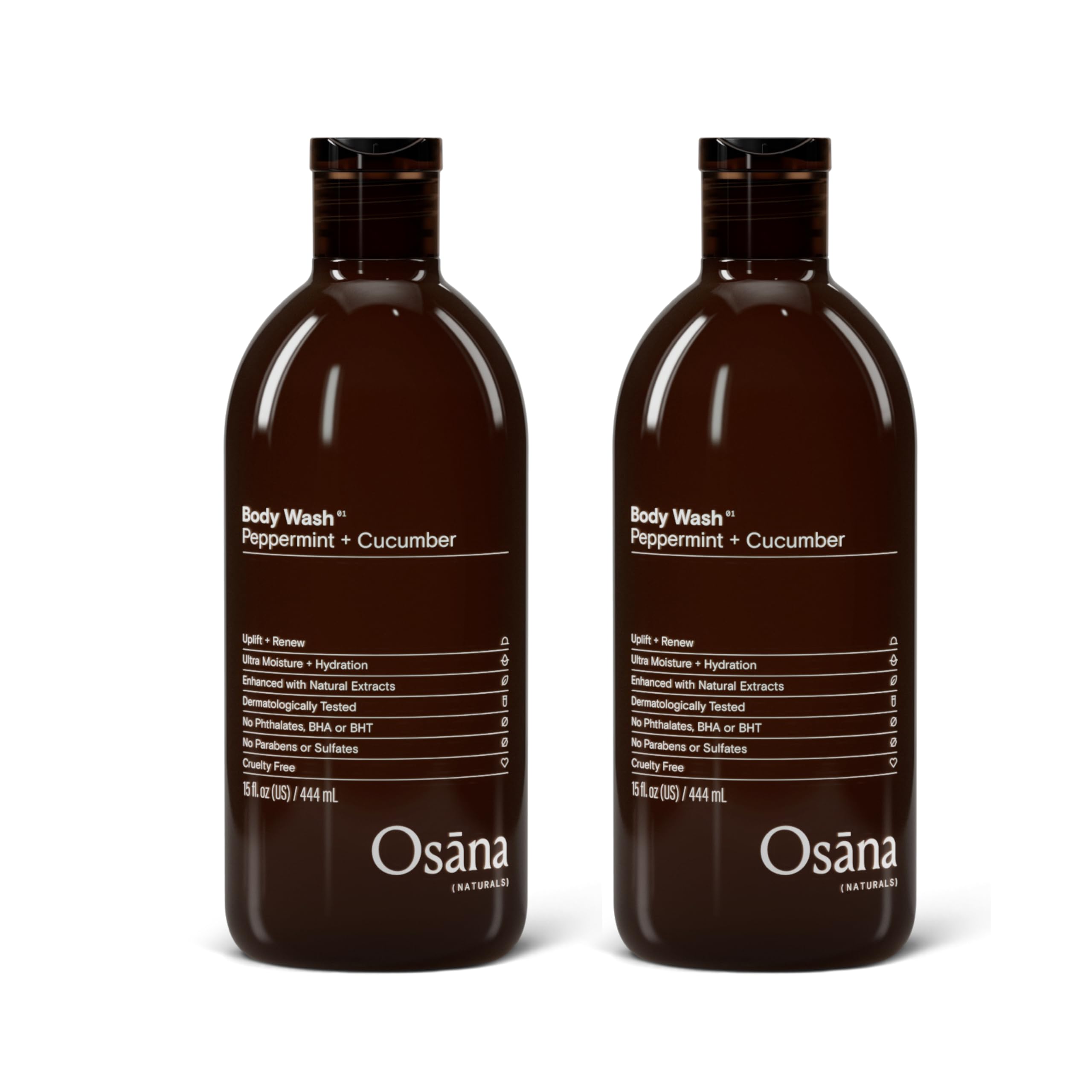 Osana Hydrating Body Wash with Fruit Extracts & Natural Ingredients - Peppermint & Cucumber Scented 15oz Dual Pack for Dry Skin Care, Shower Refreshment & Daily Skincare Routine | Perfect for Gym, Spa & Home Use