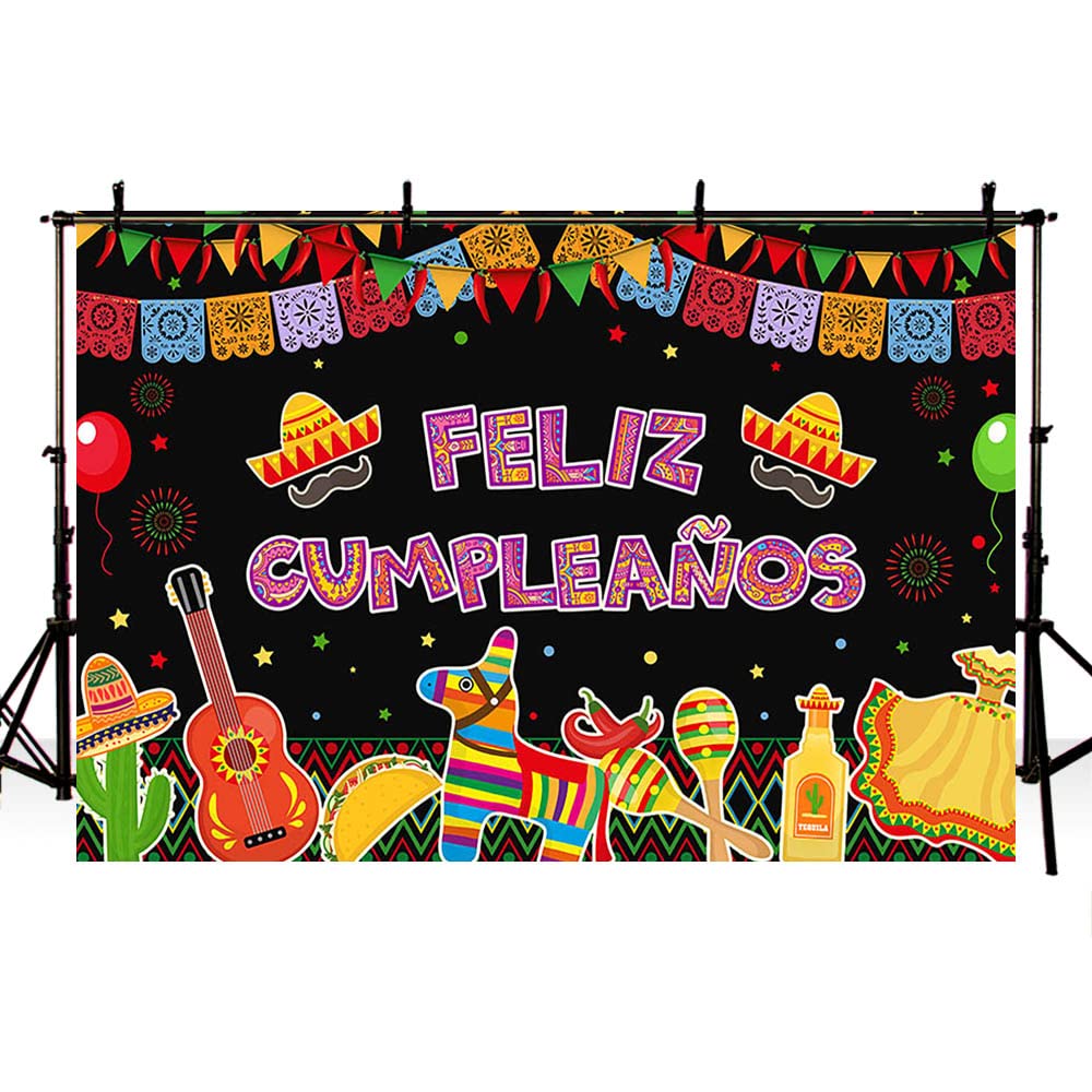 7x5ft Mexican Fiesta Happy Birthday Backdrop - Feliz Cumpleaños Party Decor with Cactus Balloons for Cinco De Mayo, Carnival, Bday Cake Table & Photography Background - Perfect for Mexican-Themed Parties, Photo Booths & Social Media Content