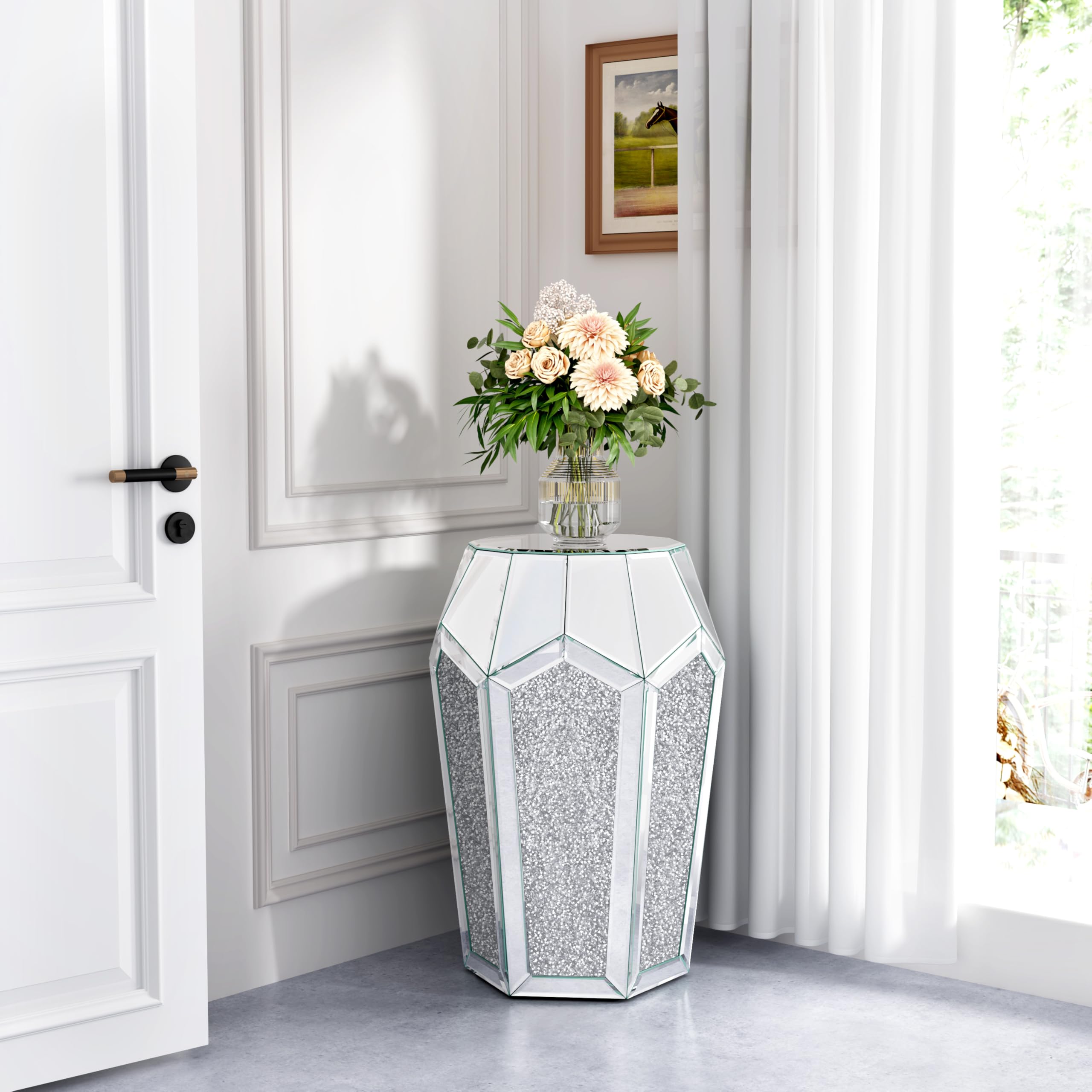 ENENE Mirrored End Table with Crystal Diamond Setting - Silver Glass Coffee Table & Side Table Pedestal Stand for Living Room, Bedroom, Hallway, Corner - Perfect for Sofa Accent, Home Decor & Luxury Interior Design