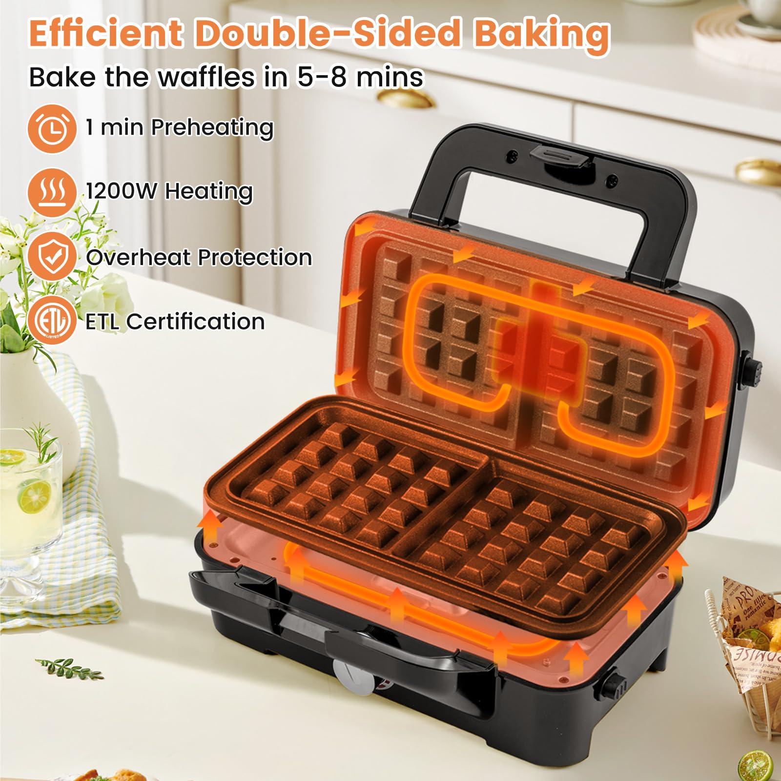 COSTWAY 3-in-1 Sandwich Maker & Waffle Iron, 1200W Electric Grill with 3 Interchangeable Non-Stick Plates, 5-Temperature Settings for Perfect Grilled Cheese, Panini Press & Breakfast Waffles - Ideal for Home, Office & Quick Meals