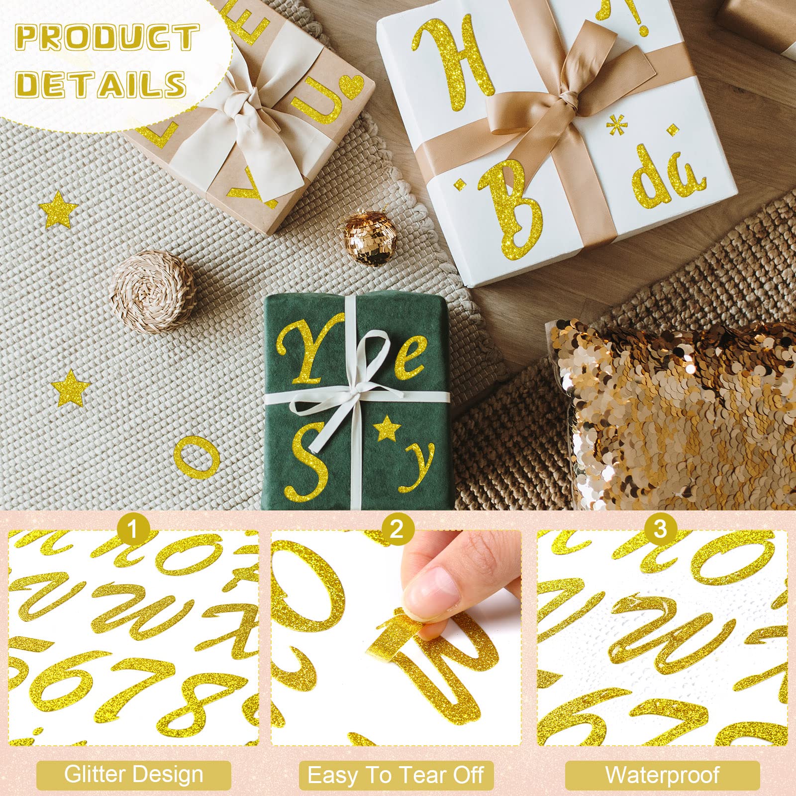 Fainne 921-Piece Gold Glitter Vinyl Letter Stickers - Self-Adhesive Alphabet & Number Stickers for DIY Crafts, Mailbox Decor, Classroom Signs, Door Decoration - Perfect for Scrapbooking, Party Decor, and Gift Wrapping