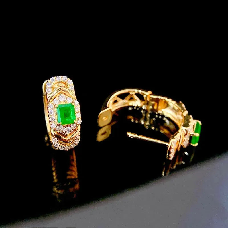 18K Yellow Gold Emerald and Diamond Hoop Earrings for Women | Luxury Real Natural Gemstone Jewelry | Perfect for Parties, Weddings & Special Occasions