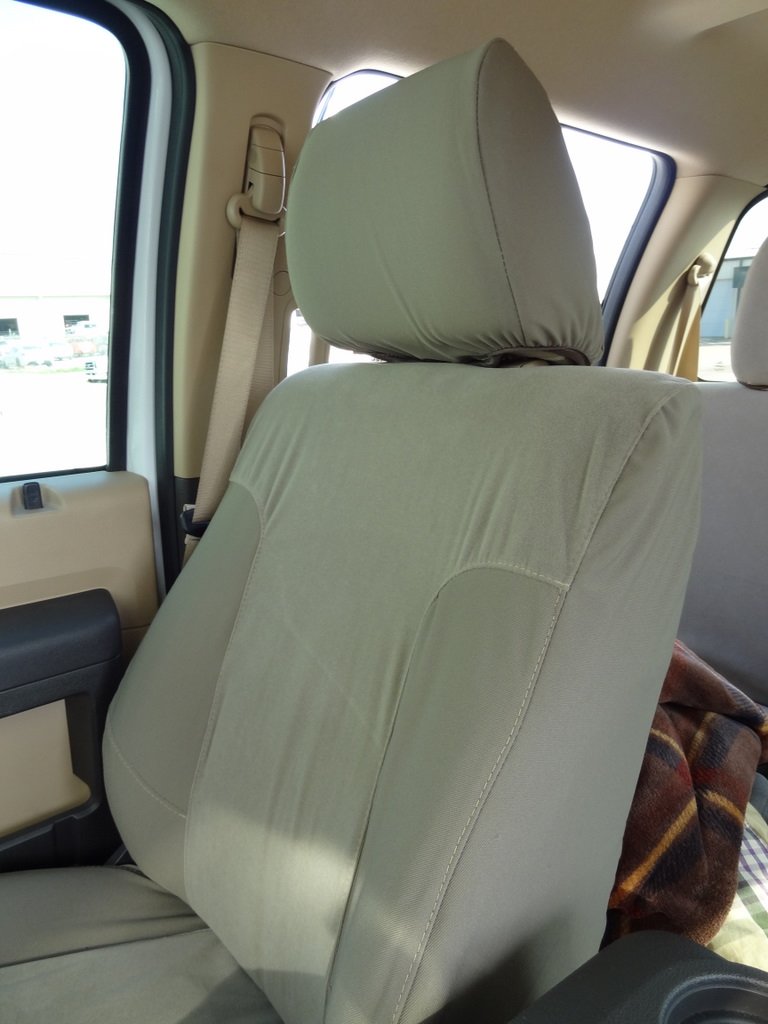 Premium Durafit Seat Covers for 2011-2015 Ford F250-F550 | Custom Fit Lariat & King Ranch Models | Front Bucket & 60/40 Rear Bench | Tan/Taupe Twill-Velour Fabric | Integrated Seat Belts | Perfect for Truck Enthusiasts & Off-Road Adventures