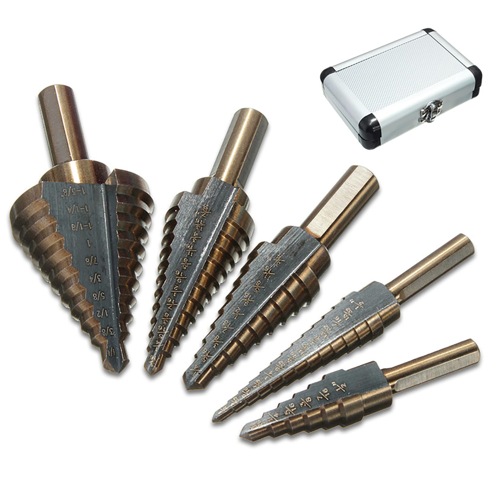 High-Speed Steel (HSS) Titanium Step Drill Bit Set - 5PCS 50 Sizes SAE Cone Drill Bits for Metal, Wood & Plastic - Includes Durable Aluminum Case - Perfect for DIY Projects, Home Repairs & Professional Metalworking