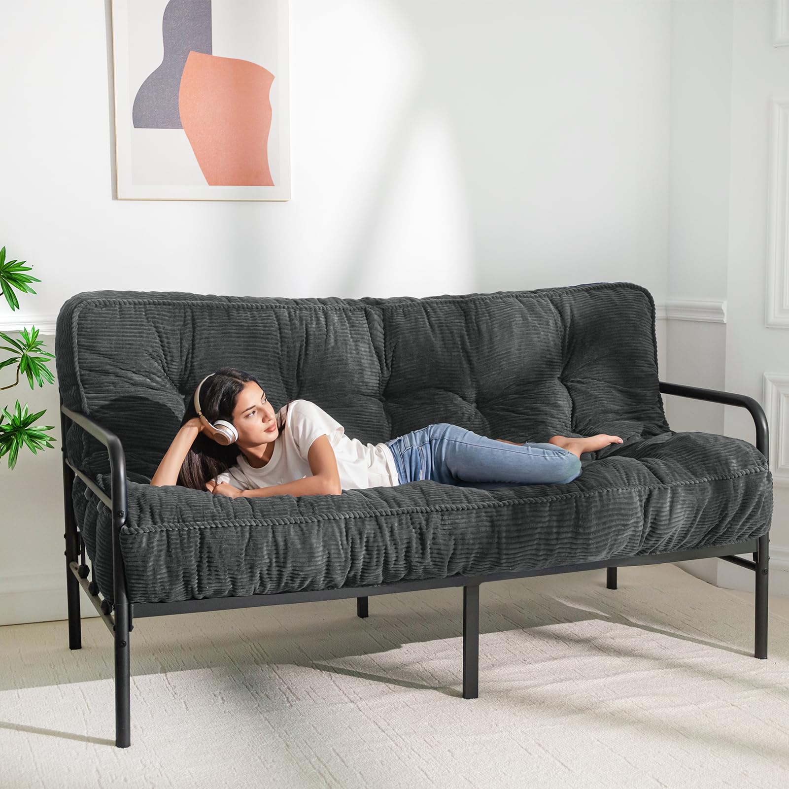 MAXYOYO 8 Inch Tufted Futon Sofa Couch Bed - Thick Corduroy Fabric Floor Mattress for Adults (Mattress Only) in Dark Grey - Perfect for Small Spaces, Guest Rooms & Dorm Rooms