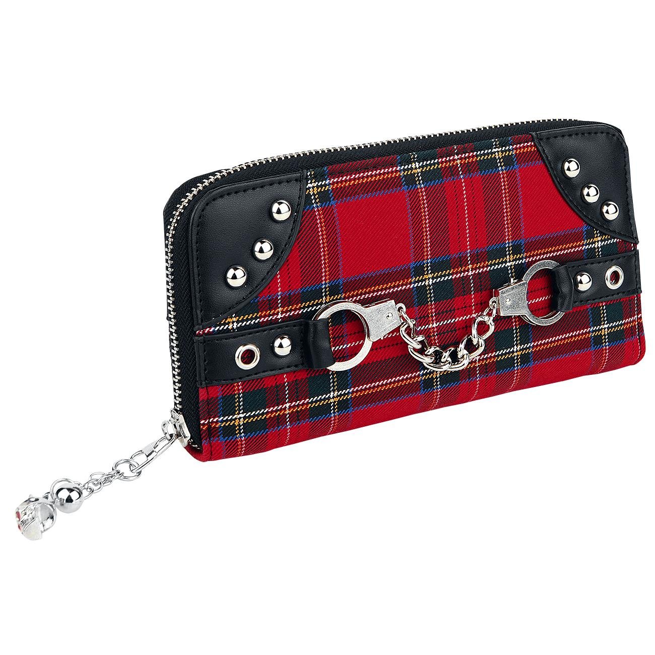 Lost Queen Red Tartan Plaid Punk Wallet with Skull Charm & Handcuff Design - Zip Around Clutch for Gothic Fashion, Rock Concerts & Alternative Lifestyle