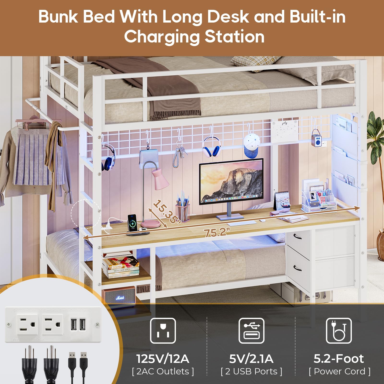 **Full Over Twin Bunk Bed with Desk & LED Lights - Metal Loft Bed Frame with Charging Station, Storage Shelves, Drawers - Safe for Teens & Adults - No Box Spring Needed - White - Perfect for Small Rooms, Dorms & Apartments**