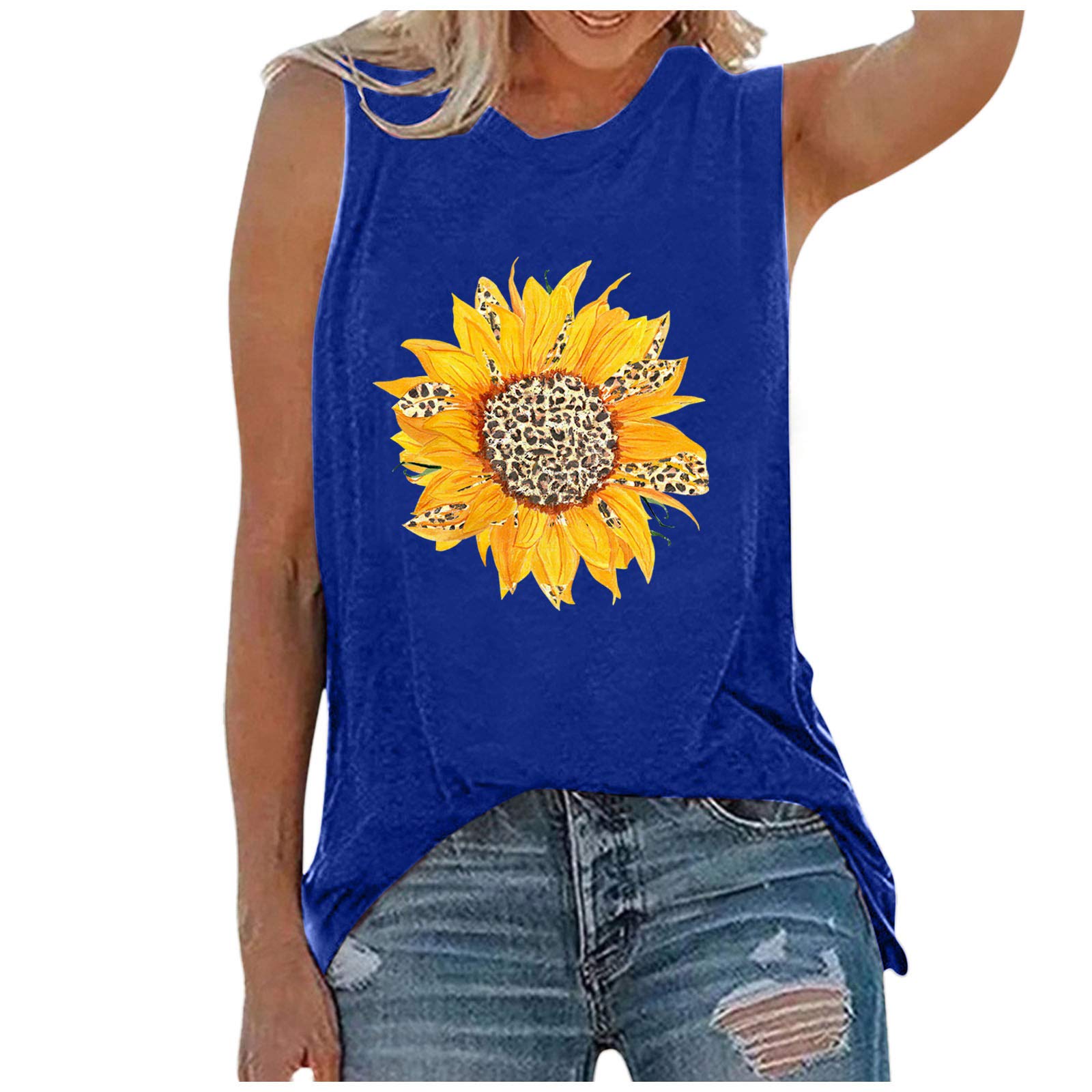 Women's Sunflower Printed Sleeveless Tank Tops - Casual Loose Fit Tunic Blouse for Summer, Beach, and Outdoor Activities