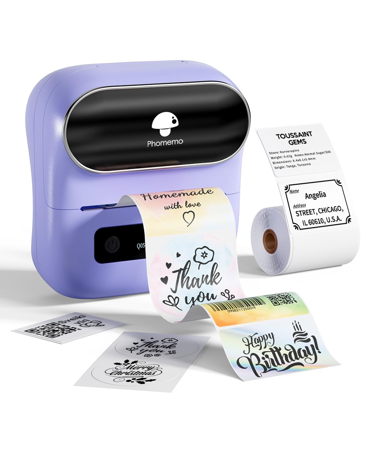 Phomemo M220 Bluetooth Thermal Label Printer - Wireless Barcode, Address & Mailing Label Maker for Home, Small Business & Clothing Stores | Portable Purple Label Machine with 1 Roll Included | Perfect for Shipping, Inventory & Organization