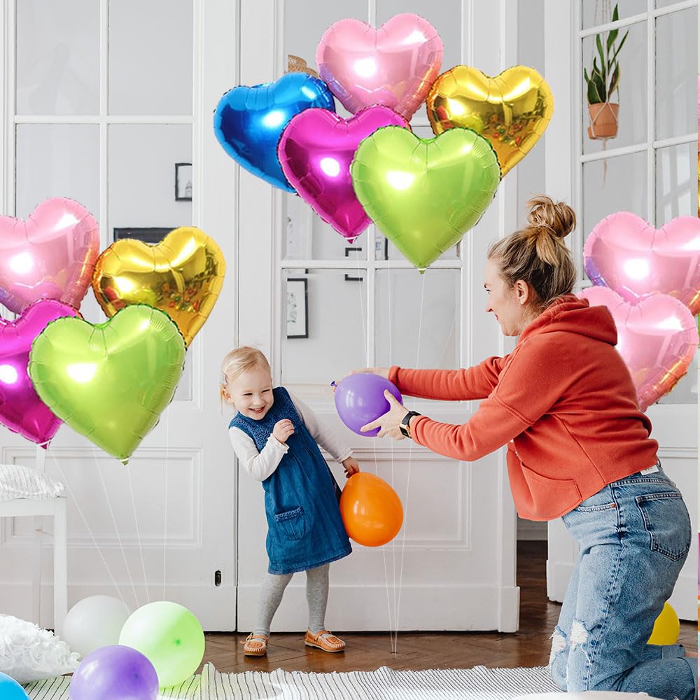 15pcs Heart Foil Balloons - 18 Inch Blue Gold Green Mylar Balloons for Romantic Love Wedding Birthday Party Decorations - Perfect for Valentine's Day, Anniversary, Baby Shower & Bridal Shower Decor