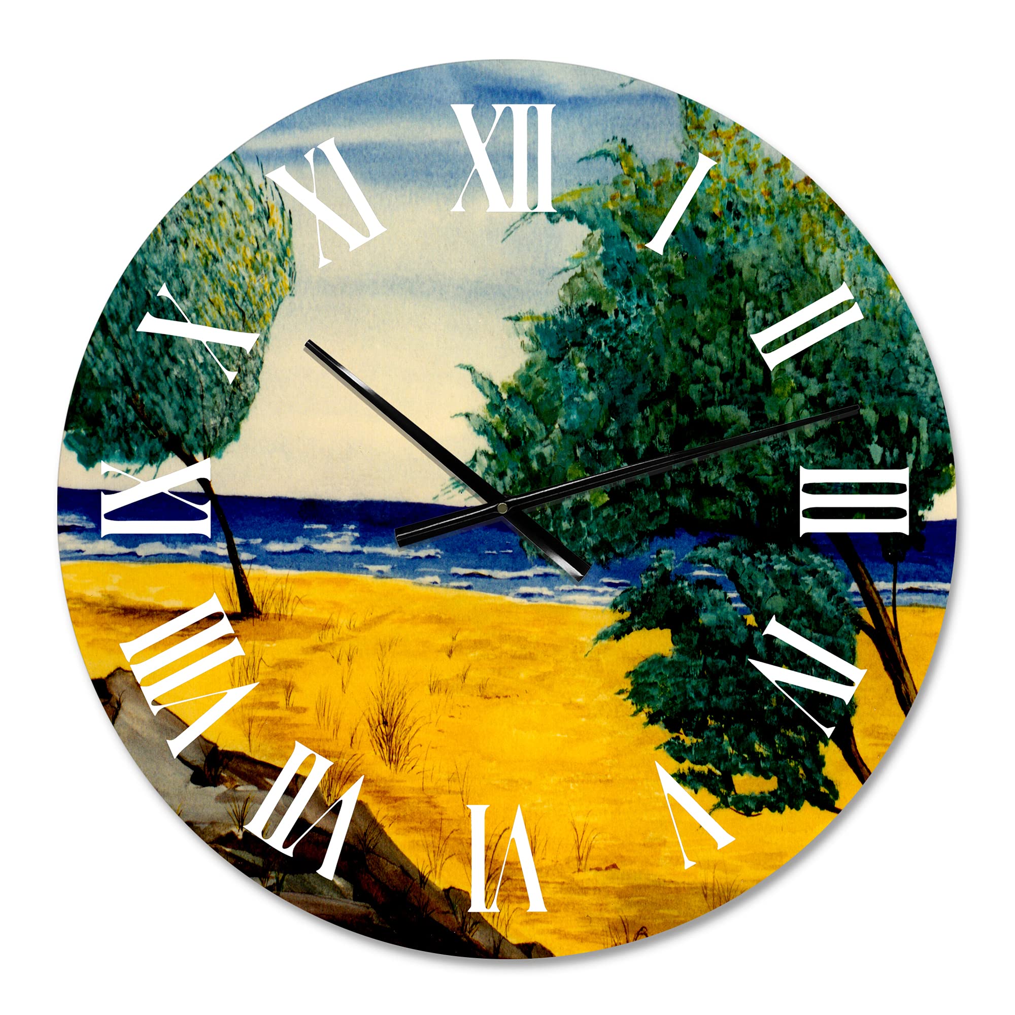 DesignQ Nautical Coastal Wall Clock - Orange Beach Landscape Large Wall Decor for Living Room, Bedroom & Office | Silent Non-Ticking Rustic Home Decor