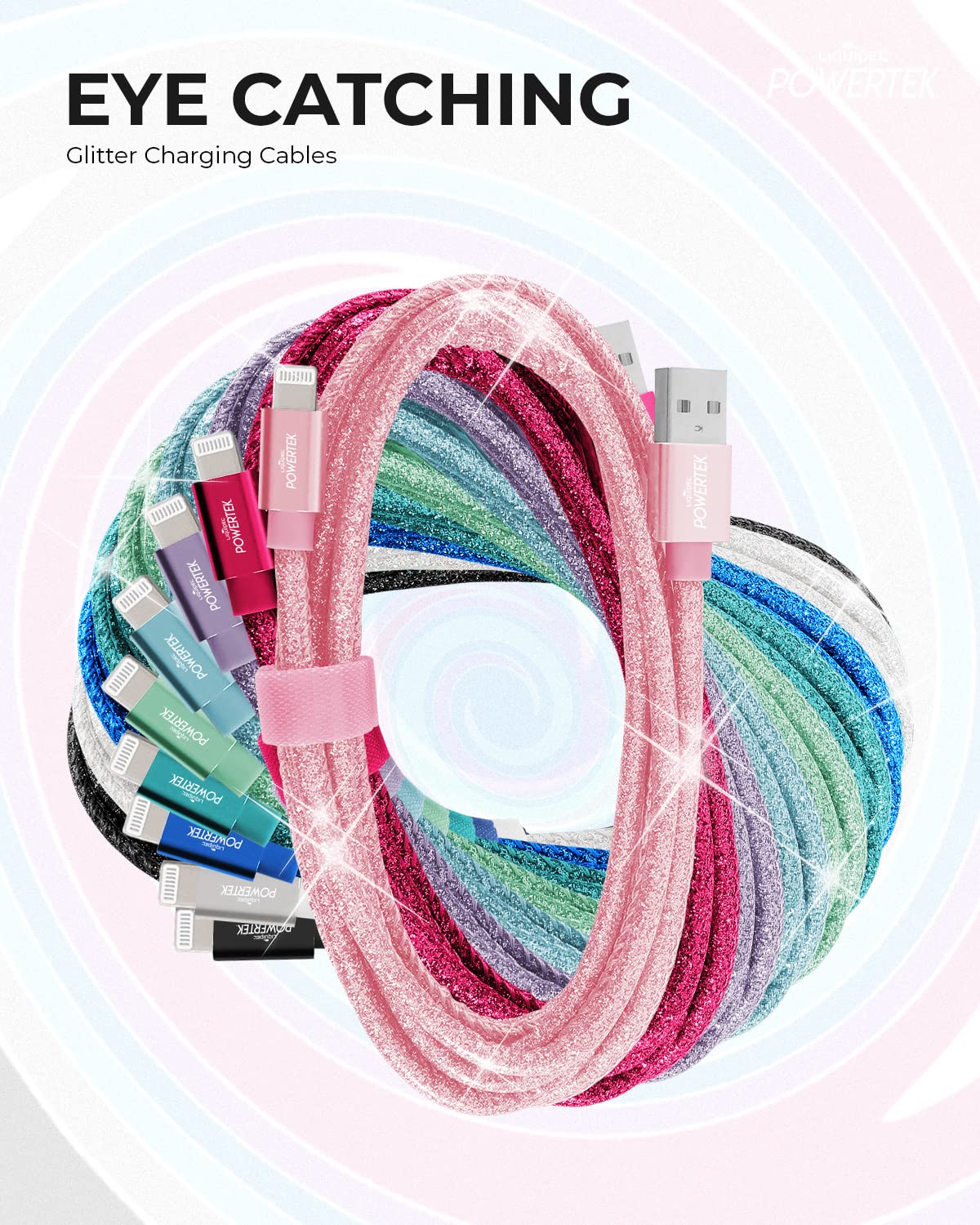 LIQUIPEL Powertek Glitter MFi Certified Fast Charging Cable 6ft - Lightning to USB Cable Compatible with iPhone 14/13/12/11/X/8/7, iPad & AirPods - Baby Blue | Perfect for Home, Office & Travel Charging