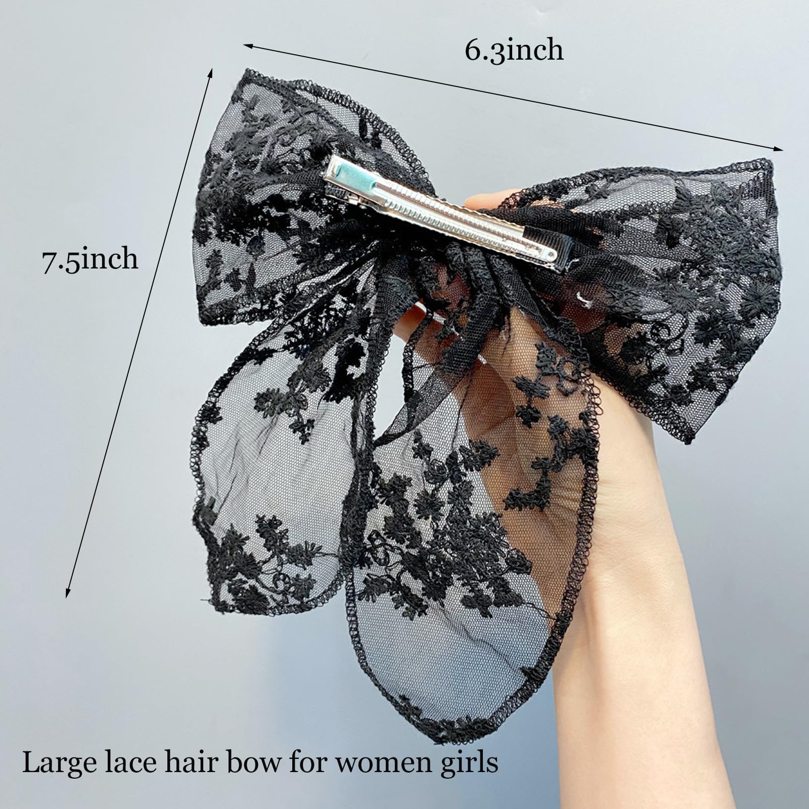 2PCS Large Lace Hair Bow Clips for Women & Girls - Elegant Translucent Mesh Drape Bow Barrettes Hair Accessories (Black+White) - Perfect for Weddings, Parties & Daily Fashion Styling