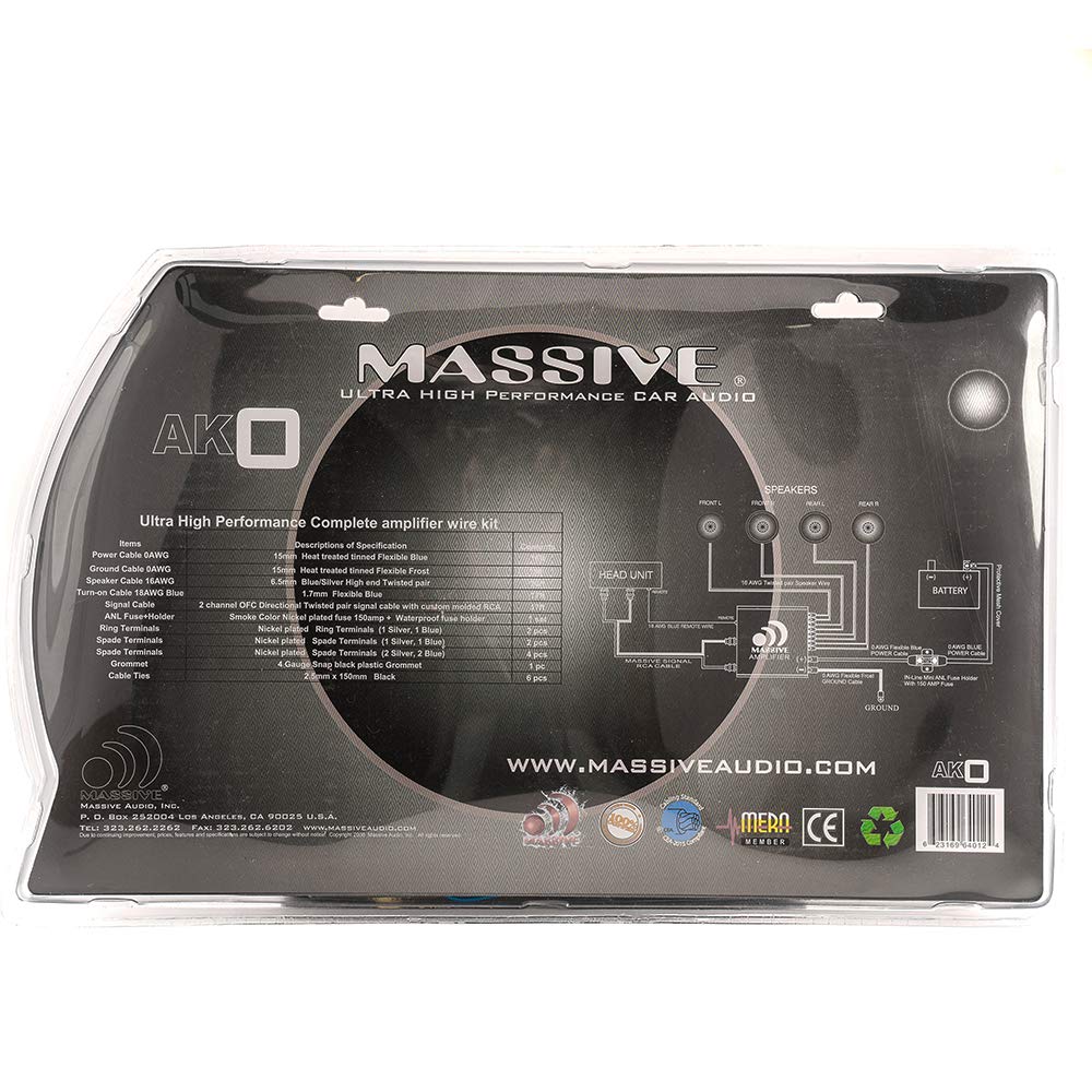 Massive Audio AK0 – 0 Gauge Car Audio Power Wire Kit | 100% Pure Oxygen-Free Copper | Includes Fuse Holder | for Car Stereo, Subwoofer & Amplifier Installation | High-Performance Audio Upgrade Solution