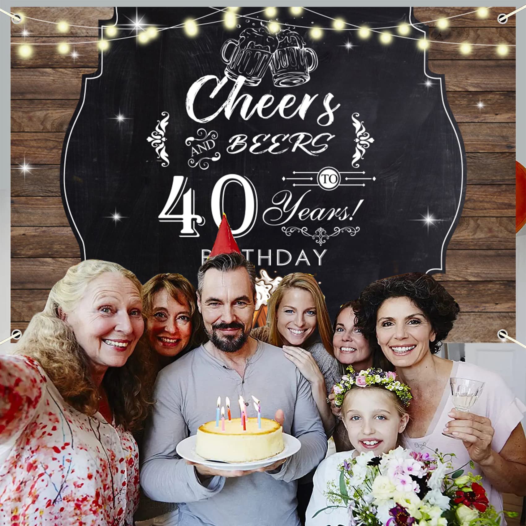 Happy 40th Birthday Banner - 6x3.6ft Polyester Cheers & Beers Wooden Sign for Men's Birthday Party Decorations & Backdrop - Perfect for Indoor/Outdoor Celebrations, Photo Booths & Milestone Events