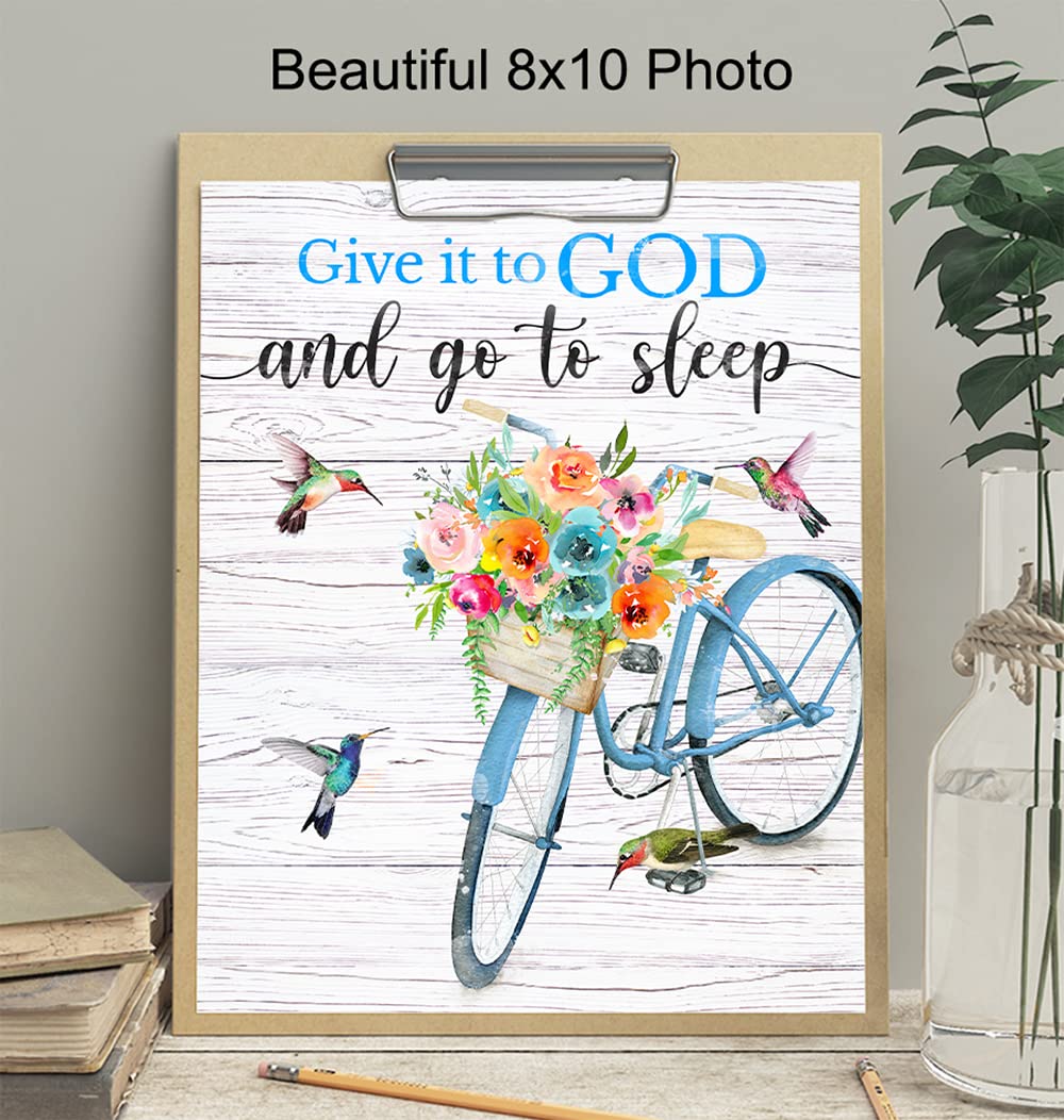 Give It to God and Go to Sleep Sign - Christian Wall Art Decor for Women - Inspirational Religious Gifts with Hummingbird & Bicycle Design - Perfect for Bedroom, Prayer Room & Spiritual Home Decor