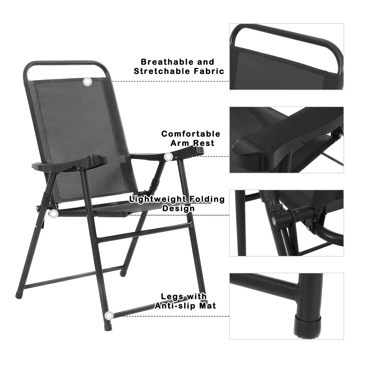 Casart 4-Pack Folding Sling Chairs with Armrests - Lightweight Portable Outdoor Patio Chairs for Camping, Beach, Picnics, and Backyard Relaxation