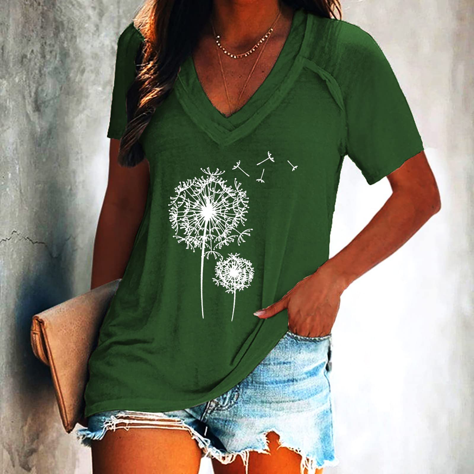 Women's V-Neck Cotton T-Shirt Pack - Casual Short-Sleeve Printed Pullover Tops for Everyday Wear (M, C-Green) | Perfect for Work, Gym & Weekend Outfits