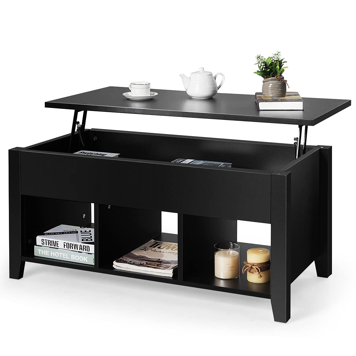 Lift Top Coffee Table with Hidden Storage - Modern Minimalist Wooden Coffee Table with 3 Open Cube Shelves for Living Room & Office - Perfect for Small Spaces, Home Decor & Storage Solutions (Black)