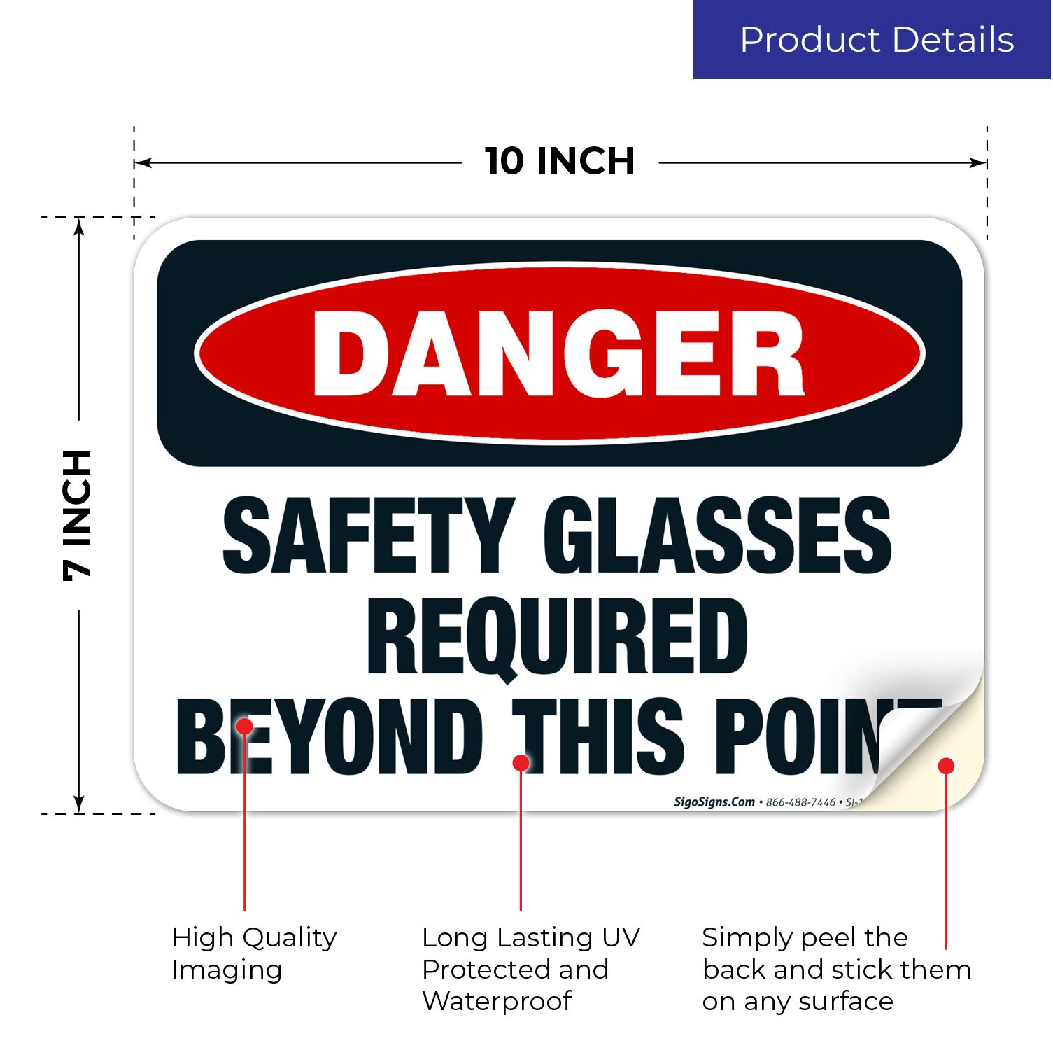 Danger Safety Glasses Required Beyond This Point Sign - OSHA Compliant 10x7 Inches, 4 Mil Vinyl Decal Sticker - Weather Resistant, UV Protected, Long Lasting - Made in USA - Perfect for Construction Sites, Warehouses & Industrial Areas