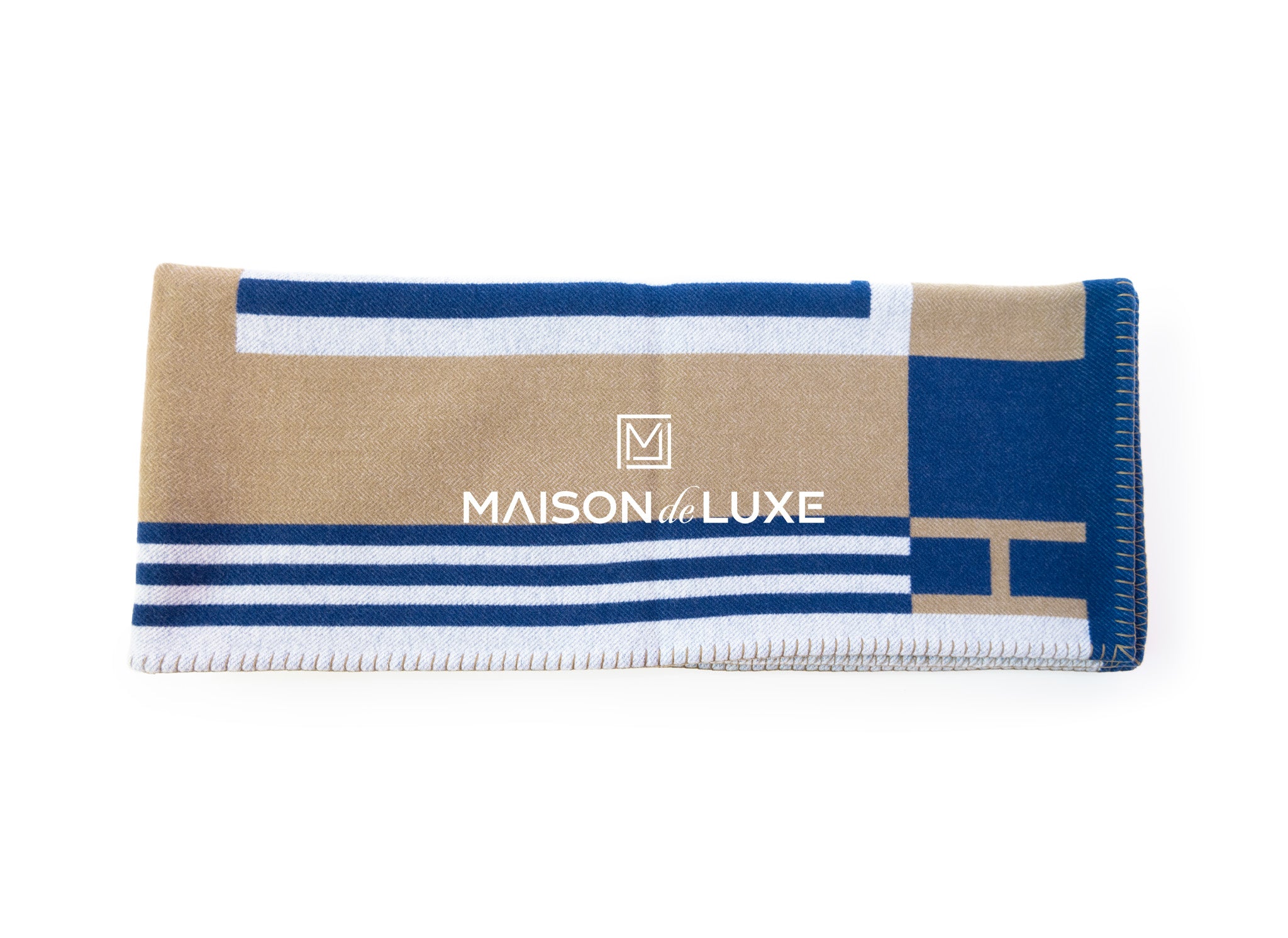 Luxury Hermes Marine & Kaki Cashmere Ithaque Blanket - Soft Wool Throw for Home Decor, Sofa & Bed - Perfect Gift for Weddings & Housewarming
