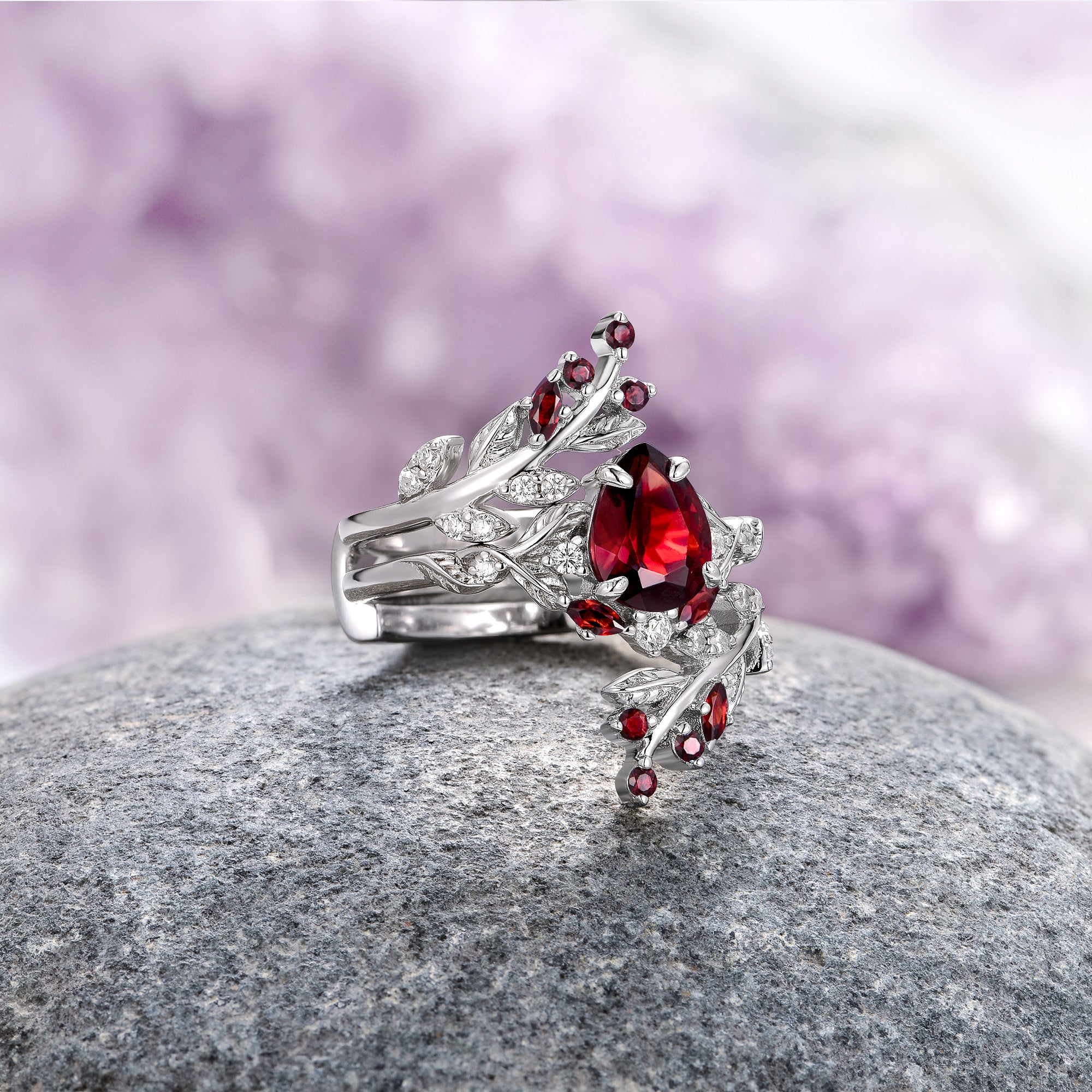 14K White Gold Wisteria Red Garnet Fairy Leaf Ring Set (2 Pieces) – Elegant Jewelry for Women, Perfect for Weddings, Parties & Special Occasions
