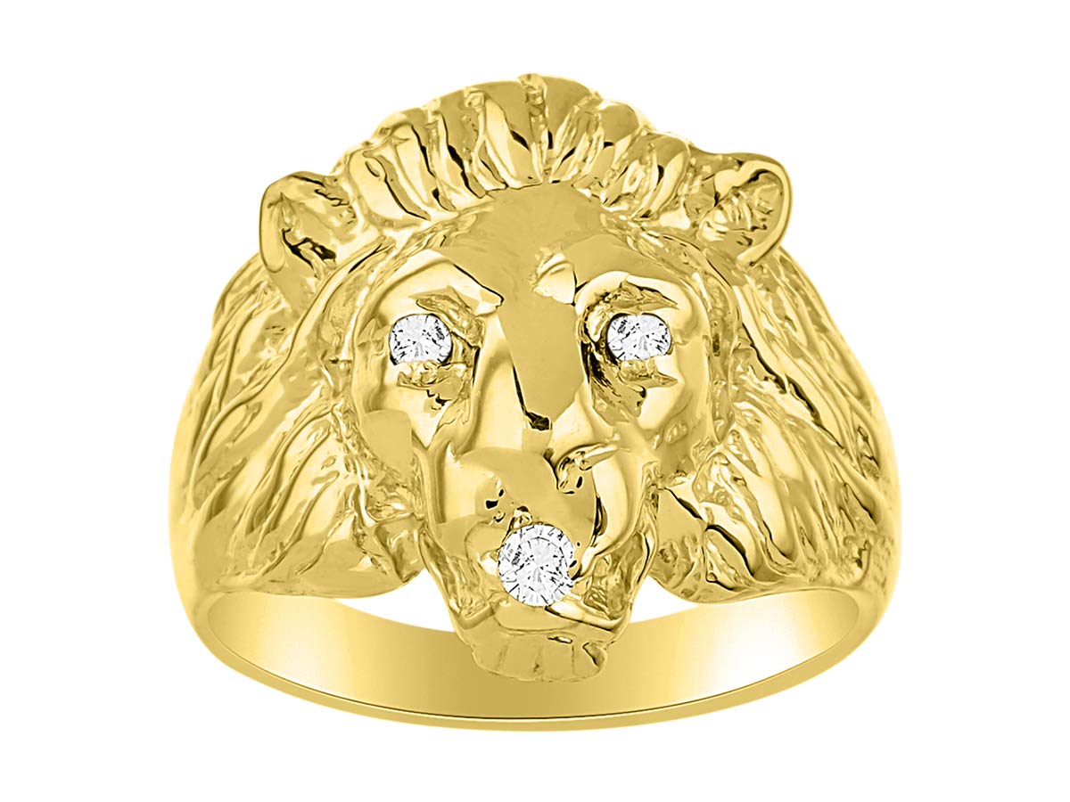 RYLOS Men's Lion Head Ring - 14K Yellow Gold Plated Sterling Silver with Genuine Diamonds & Gemstones (Emerald, Ruby, Sapphire) - Sizes 6-13 - Luxury Statement Jewelry for Gifts, Weddings & Special Occasions
