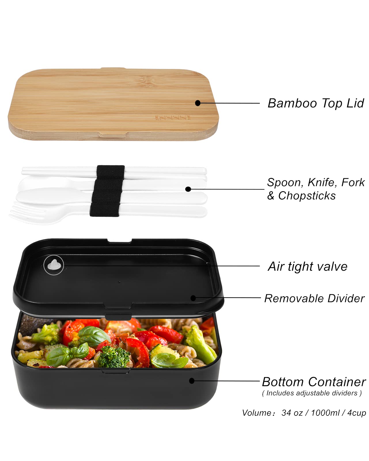 Eco-Friendly Bento Box Lunch Container for Adults - Natural Bamboo Lid with Cutlery & Chopsticks | Microwave & Dishwasher Safe | BPA-Free & Leakproof | Perfect for Office, School, Picnics & Meal Prep