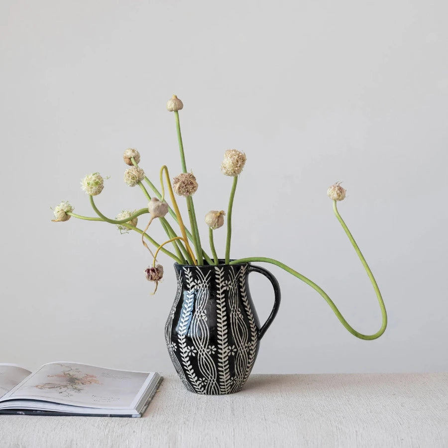 Black and Cream Floral Pitcher - Elegant Ceramic Water Pitcher for Home Decor, Kitchen, and Dining Table - Perfect for Serving Beverages, Milk, Juice, or as a Decorative Centerpiece