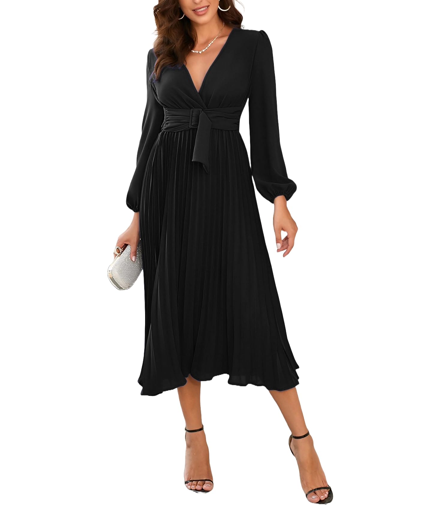 Elegant Women's V-Neck Wrap Dress for Wedding Guest, Casual Long Sleeve Midi Dress with Pleated Ruffles & Smocked Waist - Perfect for Parties, Cocktail Events & Special Occasions